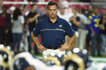GLENDALE, AZ - OCTOBER 02:  Head coach Jeff Fisher of the Los Angeles Rams watches his team warm up prior to the NFL game against the Arizona Cardinals at University of Phoenix Stadium on October 2, 2016 in Glendale, Arizona.  (Photo by Norm Hall/Getty Im