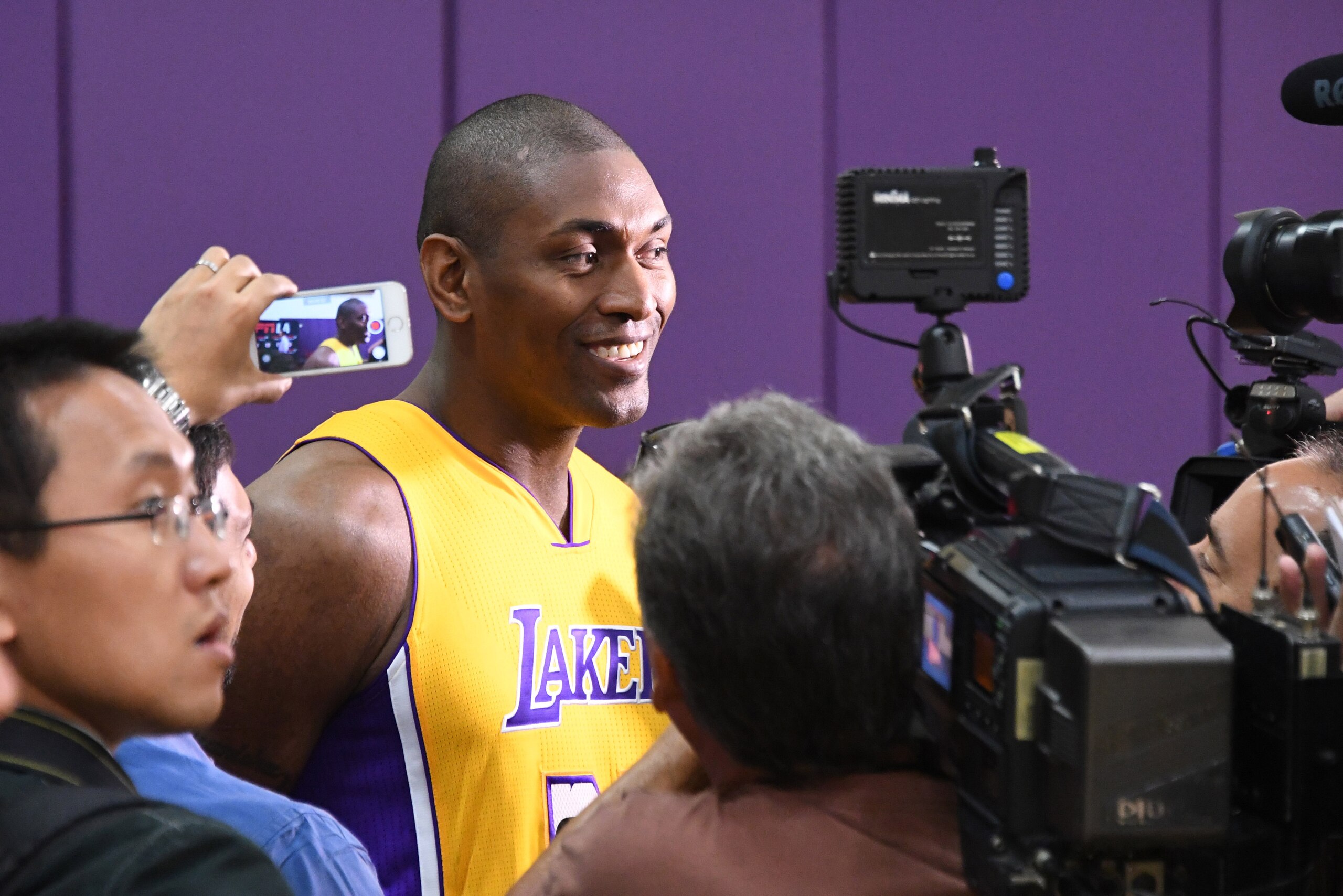 Sep 26, 2016; Los Angeles, CA, USA; Los Angeles Lakers forward Metta World Peace (Ron Artest) is interviewed by reporters at media day at Toyota Sports Center.. Mandatory Credit: Kirby Lee-USA TODAY Sports