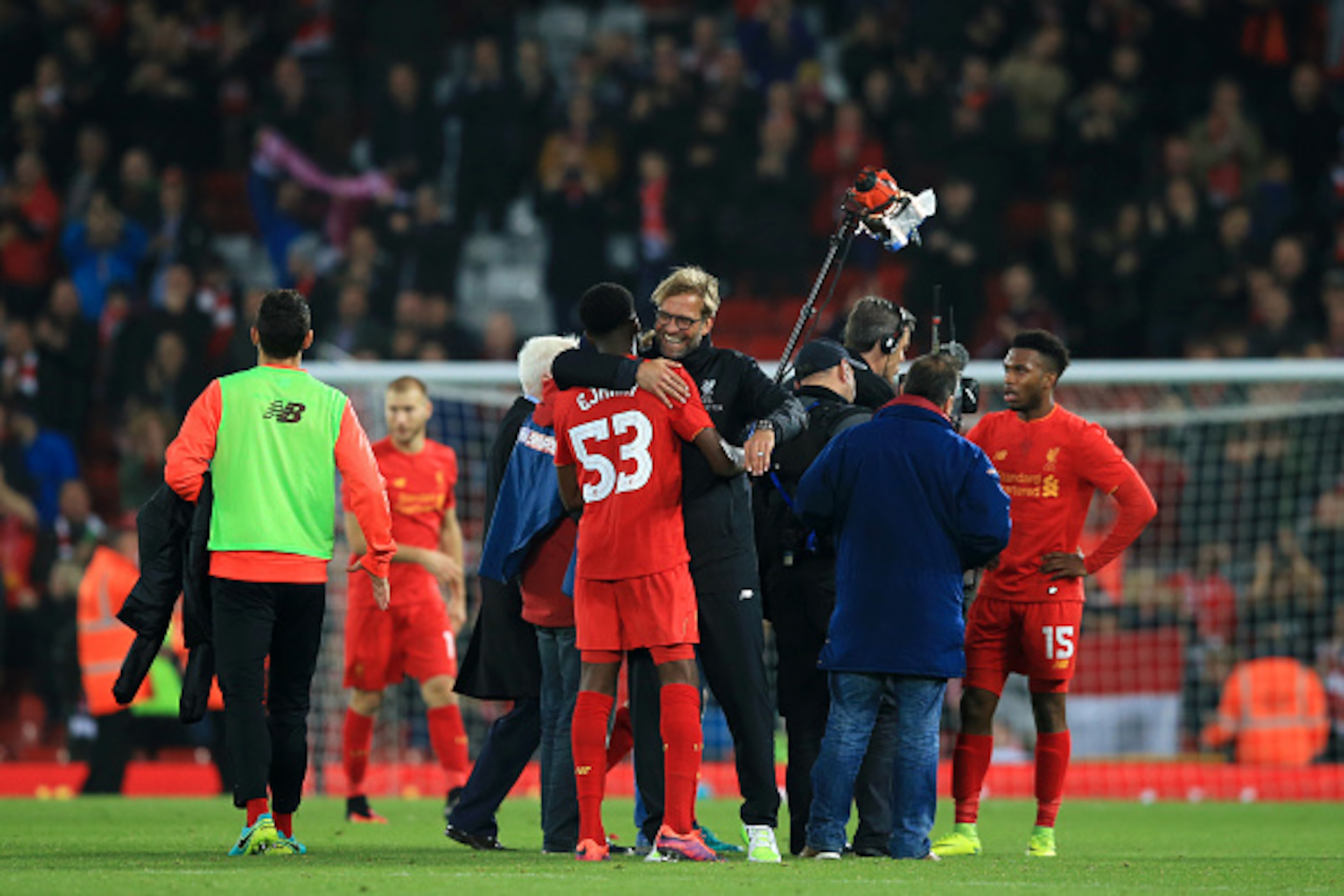 LIVERPOOL, ENGLAND - OCTOBER 25: Oviemuno Ejaria of Liverpool and Jurgen Klopp, Manager of Liverpool embrace after the final whistle during the EFL Cup fourth round match between Liverpool and Tottenham Hotspur at Anfield on October 25, 2016 in Liverpool, LIVERPOOL, ENGLAND - OCTOBER 25: Oviemuno Ejaria of Liverpool and Jurgen Klopp, Manager of Liverpool embrace after the final whistle during the EFL Cup fourth round match between Liverpool and Tottenham Hotspur at Anfield on October 25, 2016 in Liverpool,