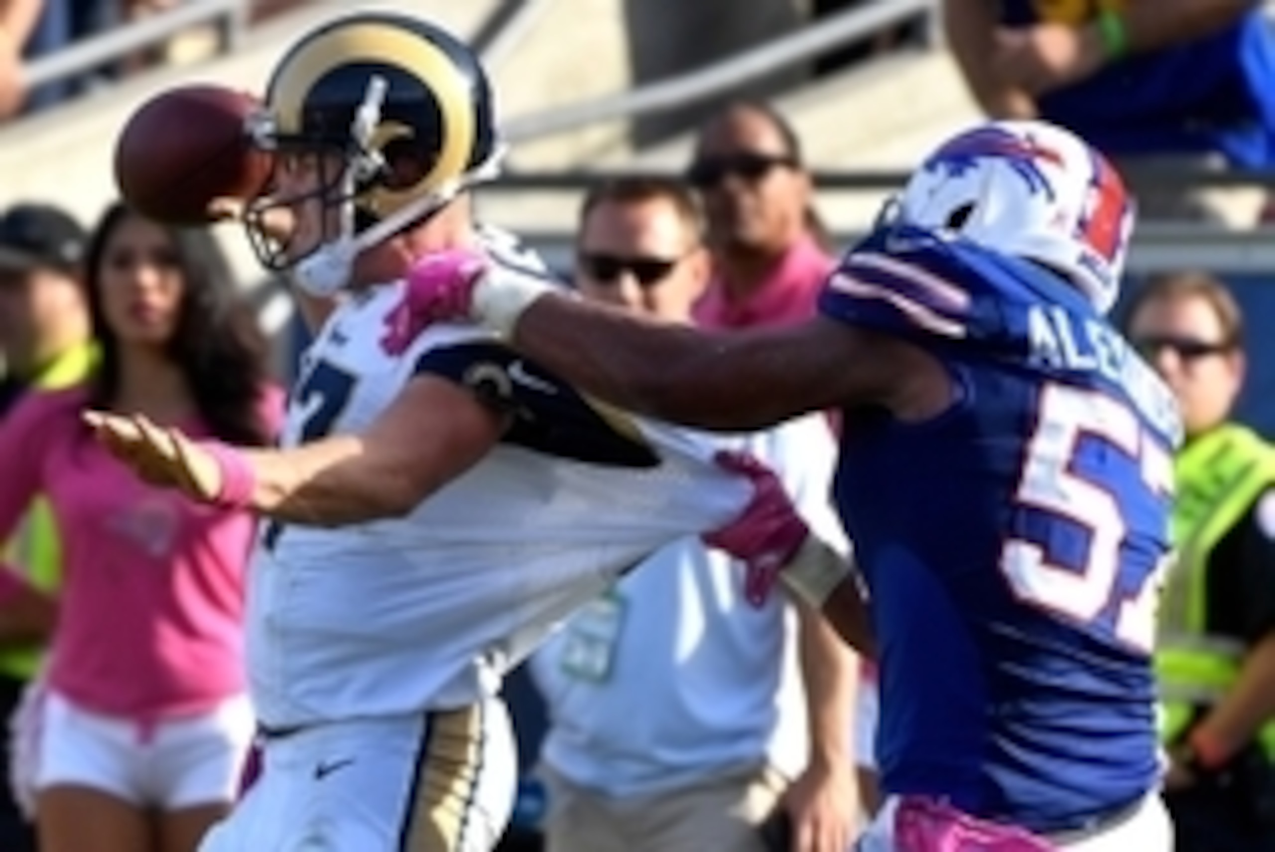 Oct 9, 2016; Los Angeles, CA, USA; Buffalo Bills outside linebacker Lorenzo Alexander (57) brings down Los Angeles Rams quarterback Case Keenum (17) during the 4th quarter at Los Angeles Memorial Coliseum. The Bills went on to a 30-19 win. Mandatory Cred Oct 9, 2016; Los Angeles, CA, USA; Buffalo Bills outside linebacker Lorenzo Alexander (57) brings down Los Angeles Rams quarterback Case Keenum (17) during the 4th quarter at Los Angeles Memorial Coliseum. The Bills went on to a 30-19 win. Mandatory Cred