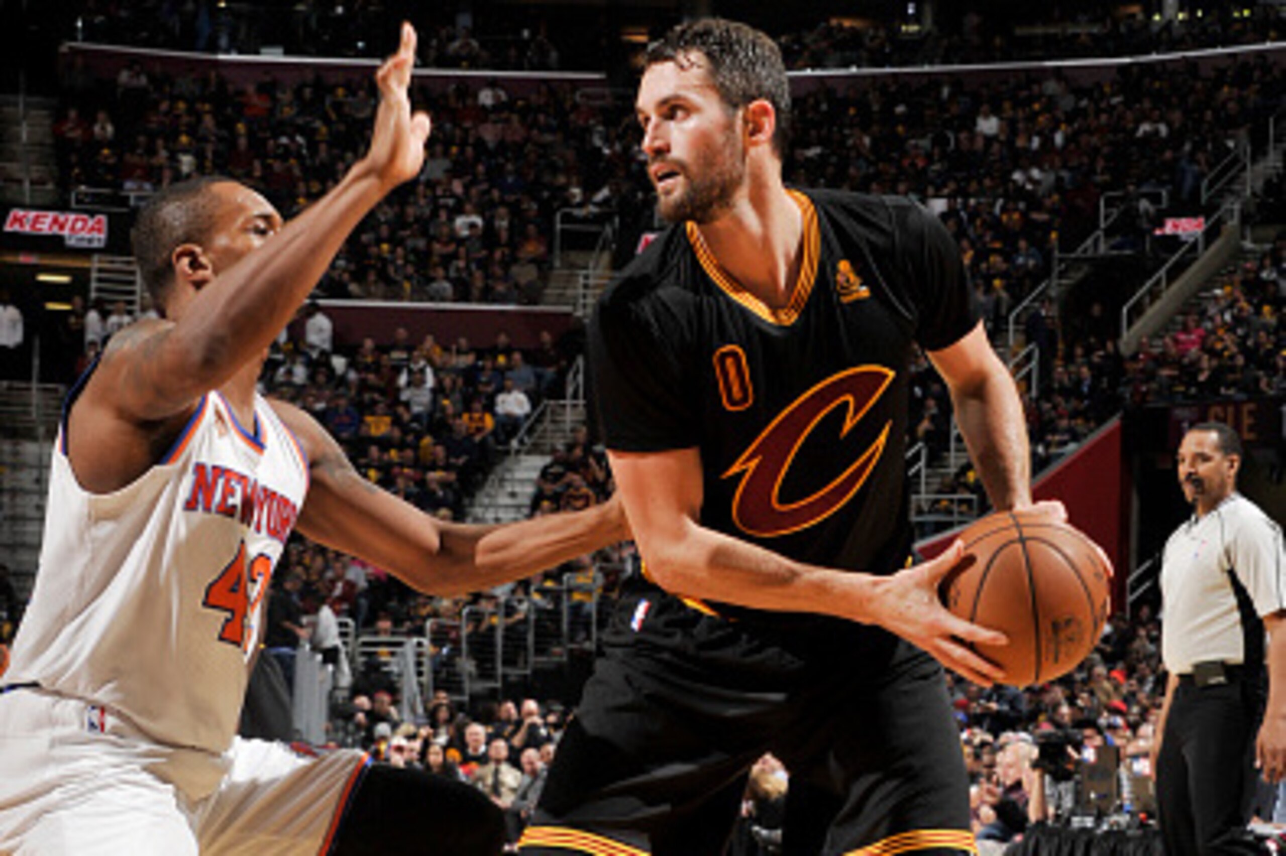 CLEVELAND, OH - OCTOBER 25: Kevin Love #0 of the Cleveland Cavaliers handles the ball during a game against the New York Knicks on October 25, 2016 at Quicken Loans Arena in Cleveland, Ohio. NOTE TO USER: User expressly acknowledges and agrees that, by do