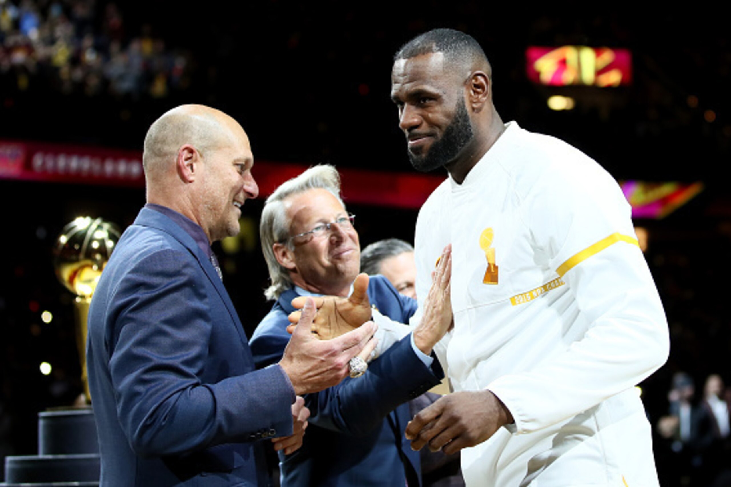 CLEVELAND, OH - OCTOBER 25: LeBron James #23 of the Cleveland Cavaliers reacts after receiving his championship ring before the game against the New York Knicks at Quicken Loans Arena on October 25, 2016 in Cleveland, Ohio.   NOTE TO USER: User expressly 