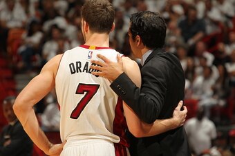 MIAMI, FL - MAY 13:  Goran Dragic #7 of the Miami Heat and Head Coach Erik Spoelstra of the Miami Heat during the game against the Toronto Raptors in Game Six of the Eastern Conference Semifinals during the 2016 NBA Playoffs on May 13, 2016 at AmericanAir