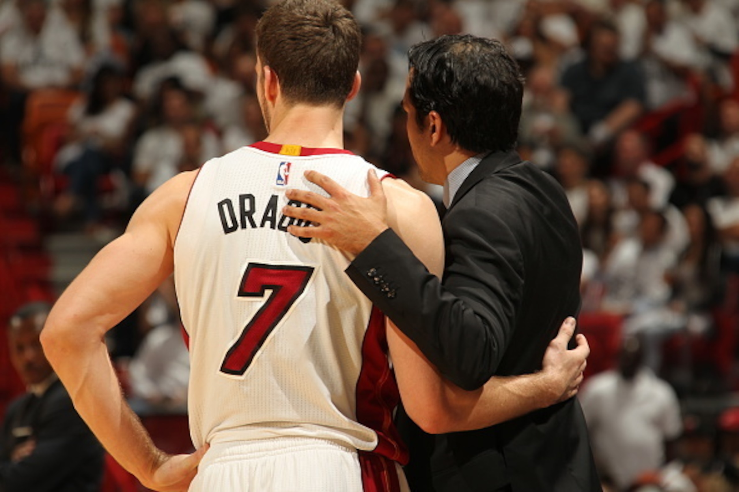 MIAMI, FL - MAY 13:  Goran Dragic #7 of the Miami Heat and Head Coach Erik Spoelstra of the Miami Heat during the game against the Toronto Raptors in Game Six of the Eastern Conference Semifinals during the 2016 NBA Playoffs on May 13, 2016 at AmericanAir