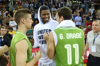 LAS PALMAS, GRAN CANARIA, SPAIN - AUGUST 26: Rudy Gay #8 of the USA Basketball Men's National Team greets Goran Dragic #11 of the Slovenia Basketball Men's National Team after the game on August 26, 2014 at Gran Canaria Arena in Las Palmas, Gran Canaria, 