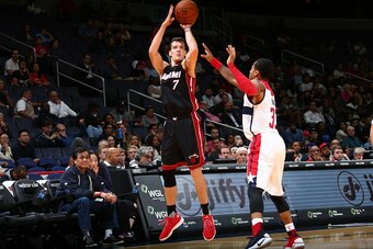 WASHINGTON, DC - OCTOBER 4:  Goran Dragic #7 of the Miami Heat shoots against the Miami Heat during a preseason game on October 4, 2016 at Verizon Center in Washington, DC. NOTE TO USER: User expressly acknowledges and agrees that, by downloading and or u