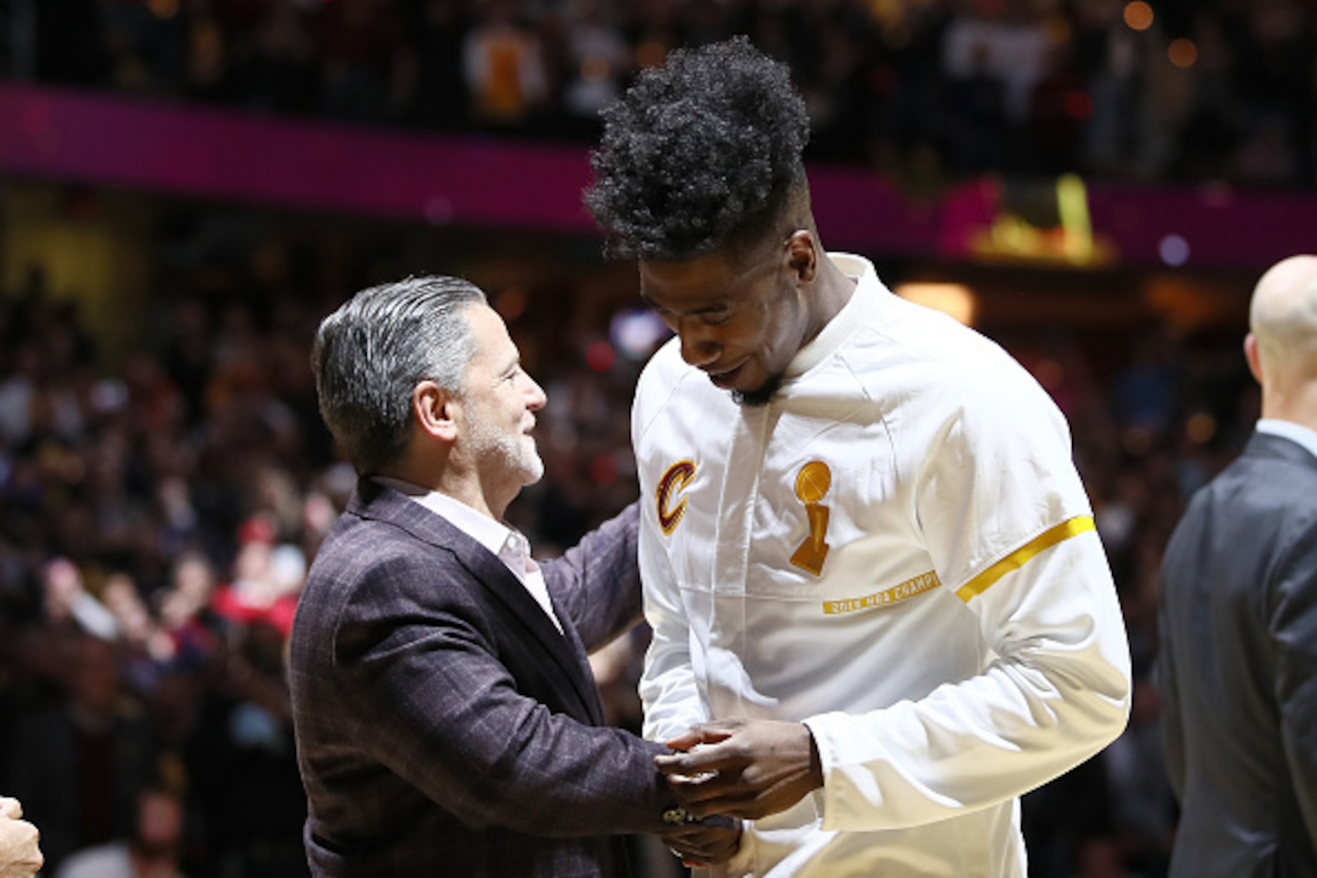 CLEVELAND, OH - OCTOBER 25:  Iman Shumpert #4 of the Cleveland Cavaliers receives his championship ring from owner Dan Gilbert before the game against the New York Knicks at Quicken Loans Arena on October 25, 2016 in Cleveland, Ohio.   NOTE TO USER: User 