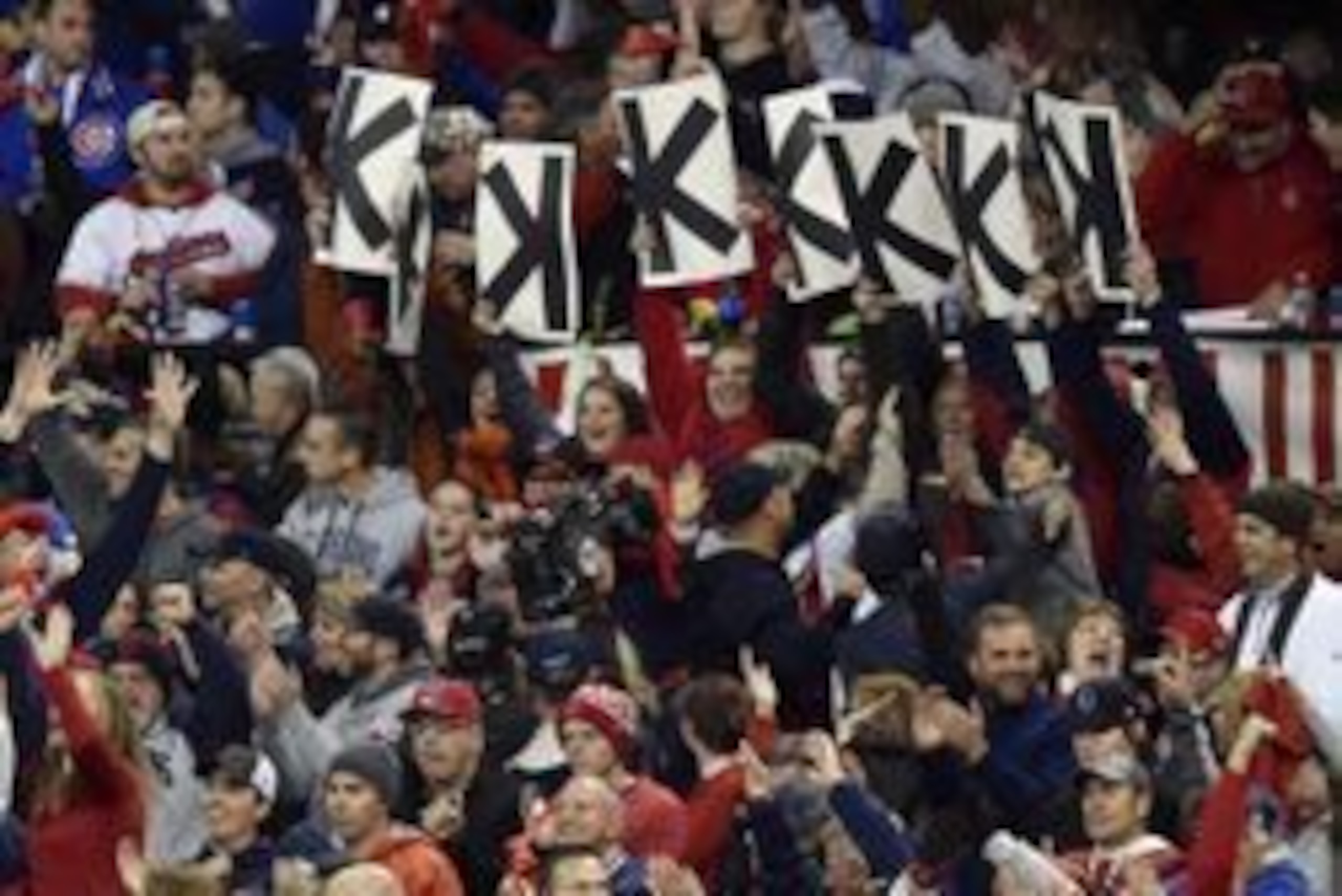 Oct 25, 2016; Cleveland, OH, USA; Cleveland Indians fans hold up K signs for strikeouts by starting pitcher Corey Kluber (not pictured) in game one of the 2016 World Series against the Chicago Cubs at Progressive Field. Mandatory Credit: David Richard-USA