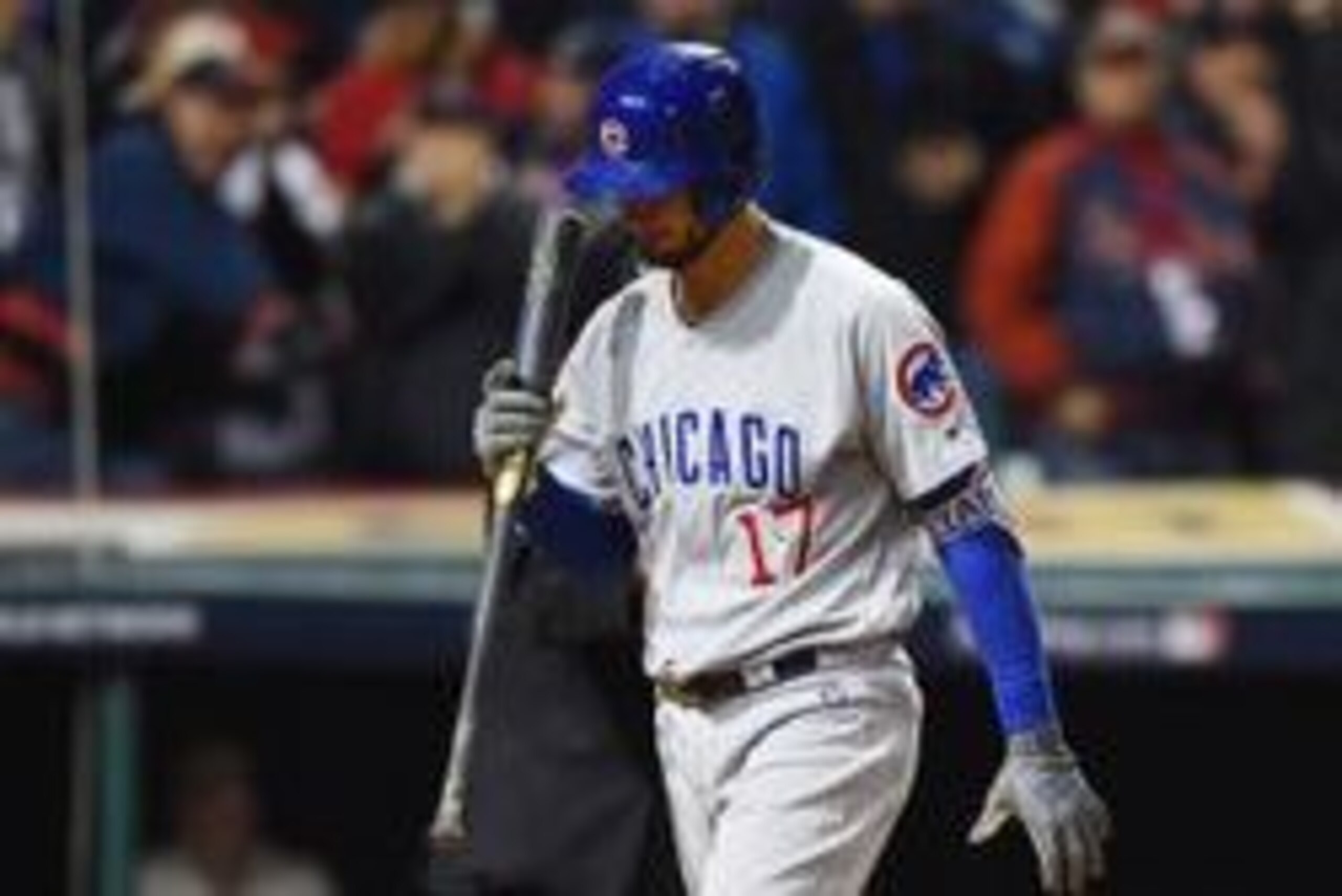 Oct 25, 2016; Cleveland, OH, USA; Chicago Cubs third baseman Kris Bryant reacts after striking out against the Cleveland Indians in the third inning in game one of the 2016 World Series at Progressive Field. Mandatory Credit: Tommy Gilligan-USA TODAY Spor
