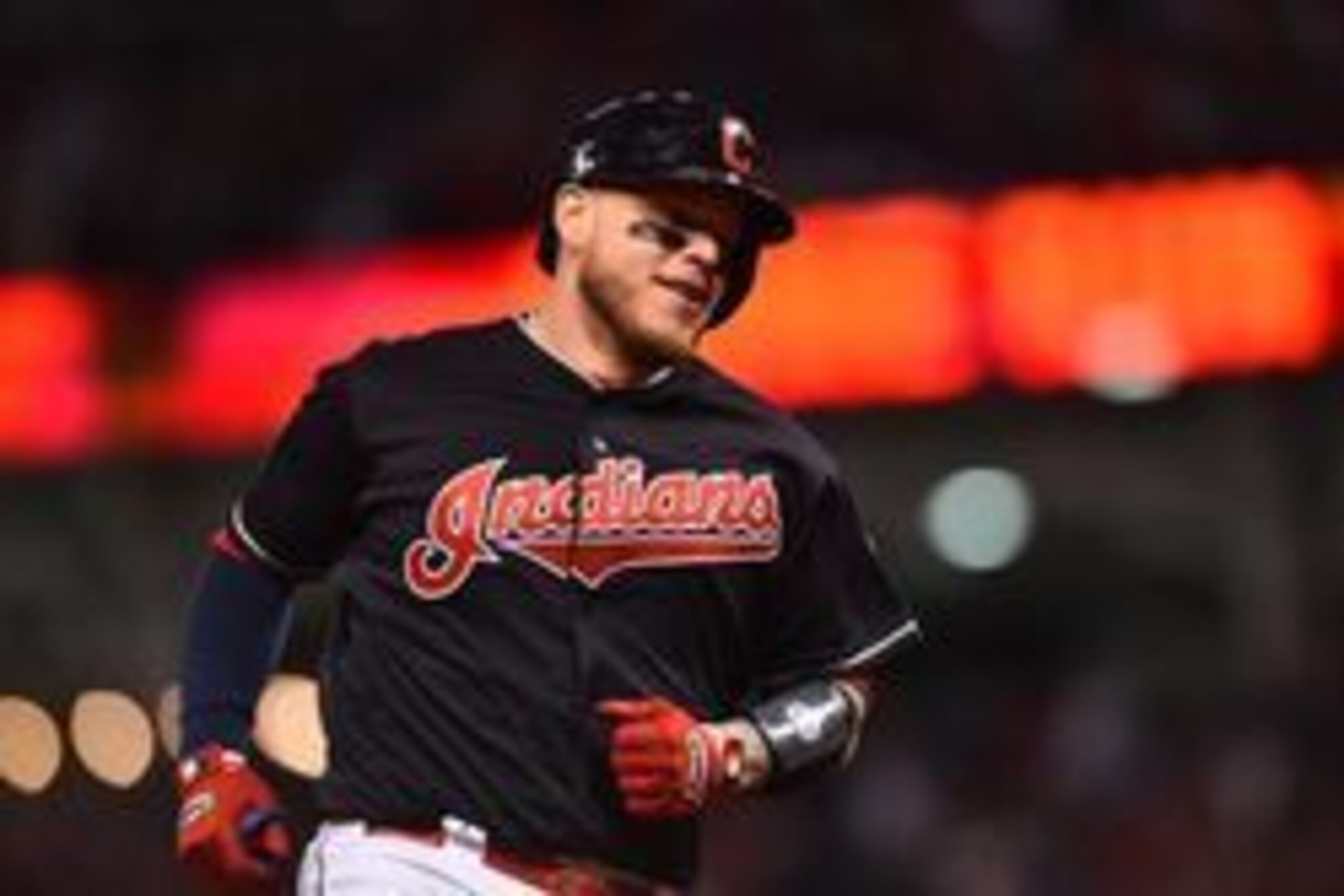Oct 25, 2016; Cleveland, OH, USA; Cleveland Indians catcher Roberto Perez (55) rounds the bases after a three-run home run against the Chicago Cubs in the 8th inning in game one of the 2016 World Series at Progressive Field. Mandatory Credit: Ken Blaze-US