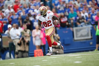 ORCHARD PARK, NY - OCTOBER 15: Torrey Smith #82 of the San Francisco 49ers runs after making a reception during the game against the Buffalo Bills at New Era Field on October 16, 2016 in Orchard Park, New York. The Bills defeated the 49ers 45-16. (Photo b