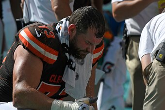 MIAMI GARDENS, FL - SEPTEMBER 25: Joe Thomas #73 of the Cleveland Browns cools off during the 4th quarter against the Miami Dolphins on September 25, 2016 in Miami Gardens, Florida. (Photo by Eric Espada/Getty Images)