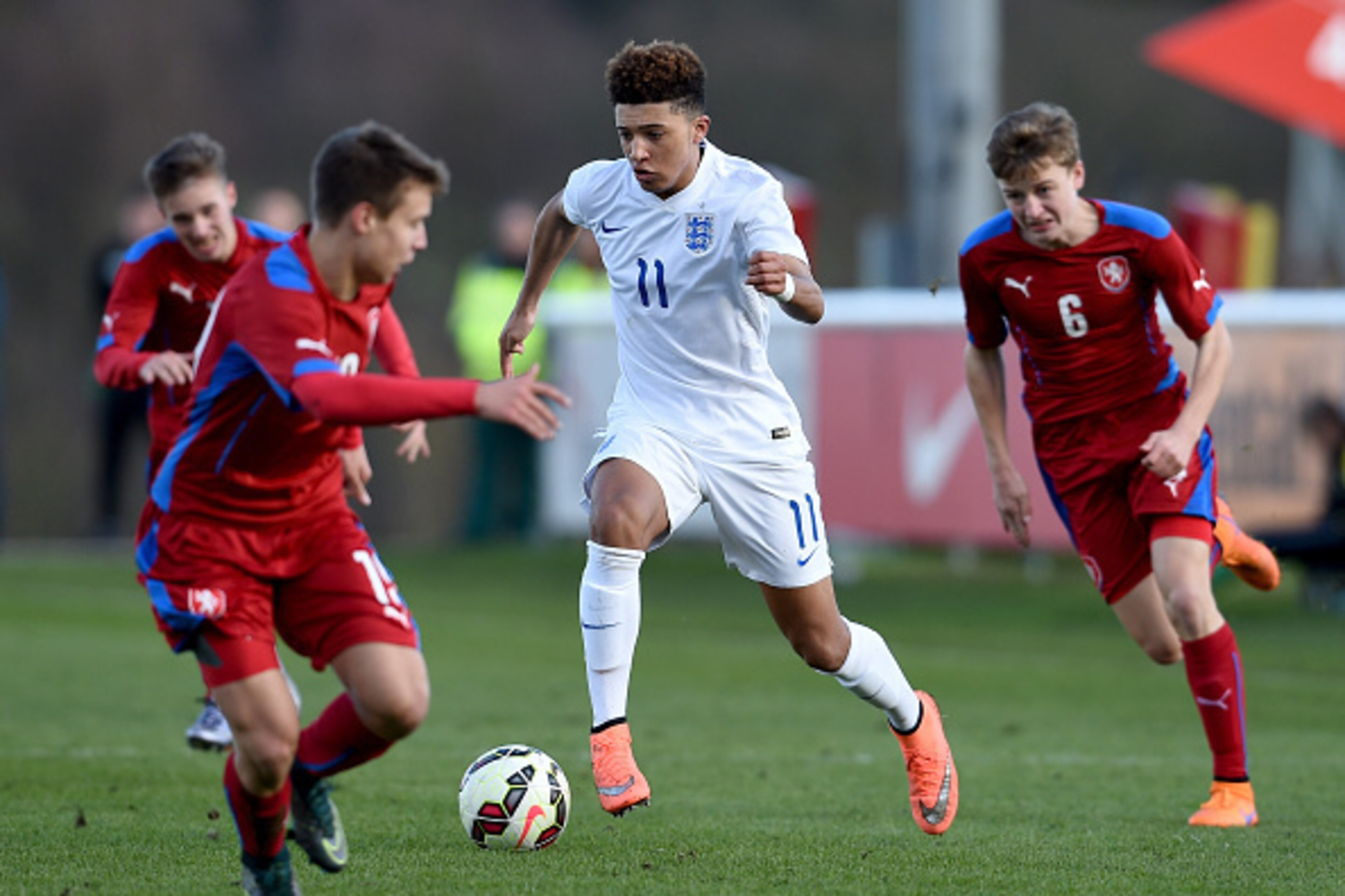 BURTON-UPON-TRENT, ENGLAND - FEBRUARY 18:  Jadon Sancho of England in action during the England v Czech Republic  U16s International Friendly at St Georges Park on February 18, 2016 in Burton-upon-Trent, England.  (Photo by Ross Kinnaird/Getty Images)