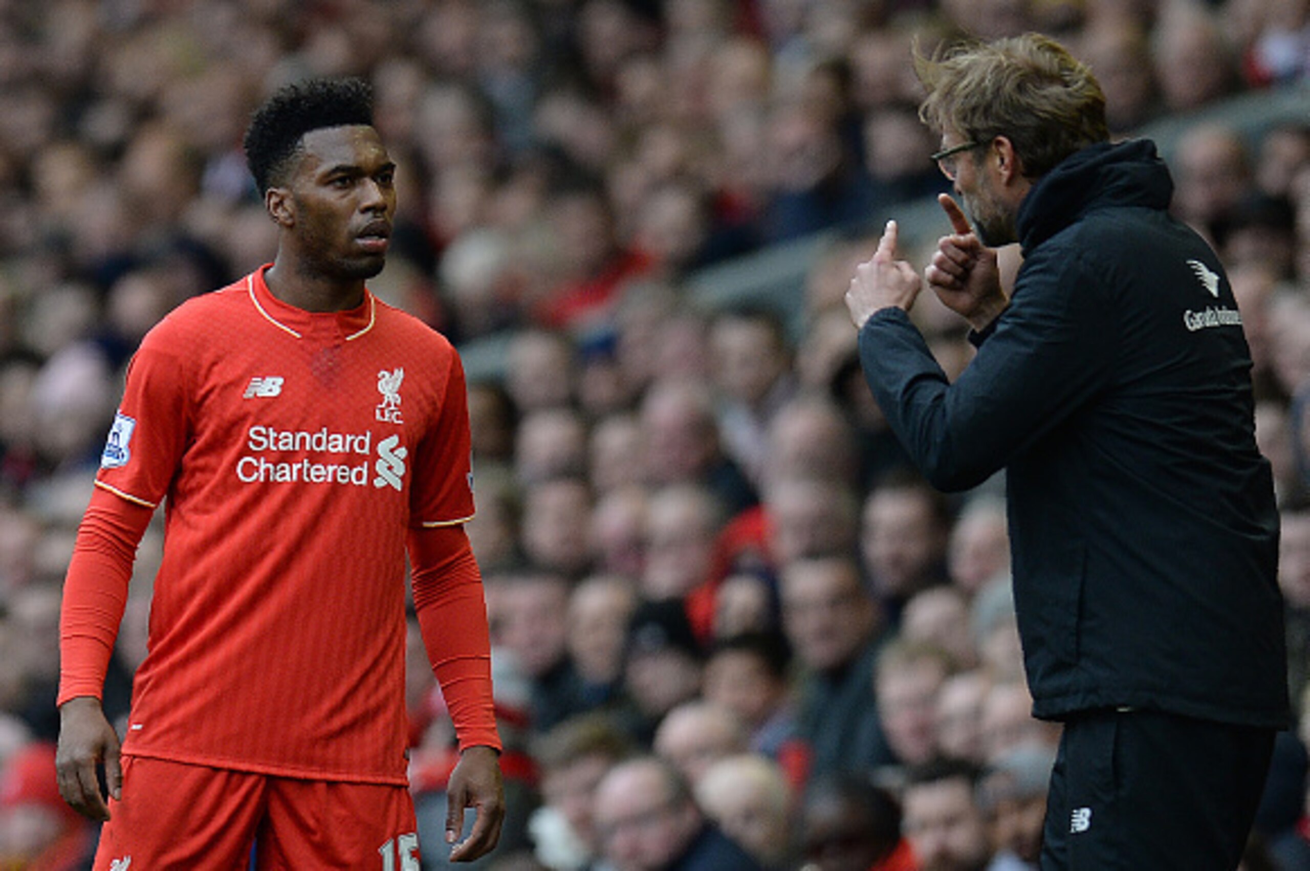 Liverpool's German manager Jurgen Klopp (R) gives instructions to Liverpool's English striker Daniel Sturridge during the English Premier League football match between Liverpool and Stoke City at Anfield in Liverpool, northwest England on April 10, 2016. Liverpool's German manager Jurgen Klopp (R) gives instructions to Liverpool's English striker Daniel Sturridge during the English Premier League football match between Liverpool and Stoke City at Anfield in Liverpool, northwest England on April 10, 2016.