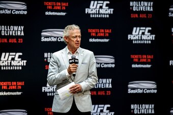 SASKATOON, SK - JUNE 24:  Tom Wright, UFC Executive Vice-President and General Manager for Canada, Australia and New Zealand, speaks at a press conference at the SaskTel Centre, June 24,  2015 in Saskatoon, Saskatchewan, Canada.  (Photo by Steve Hiscock/G