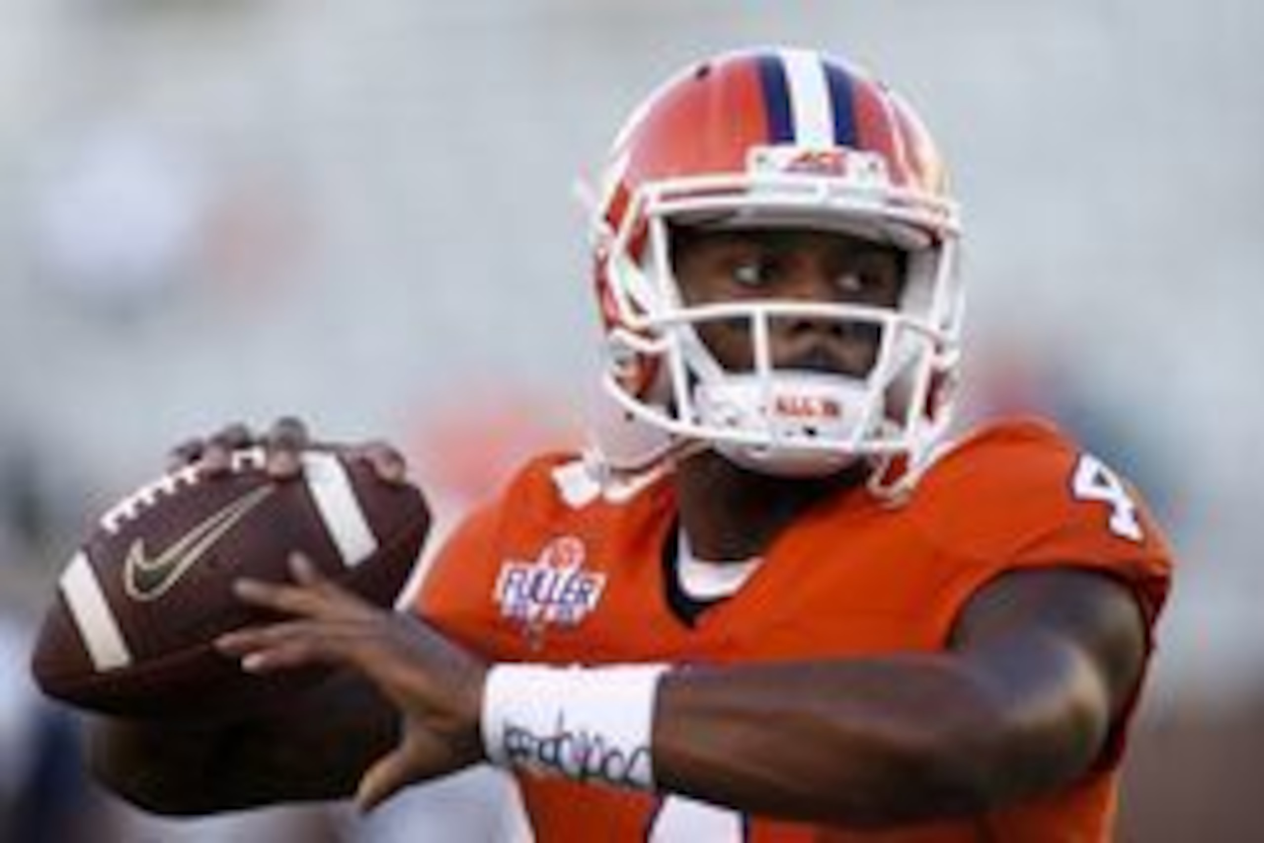 Sep 22, 2016; Atlanta, GA, USA; Clemson Tigers quarterback Deshaun Watson (4) prepares for a game against the Georgia Tech Yellow Jackets at Bobby Dodd Stadium. Mandatory Credit: Brett Davis-USA TODAY Sports