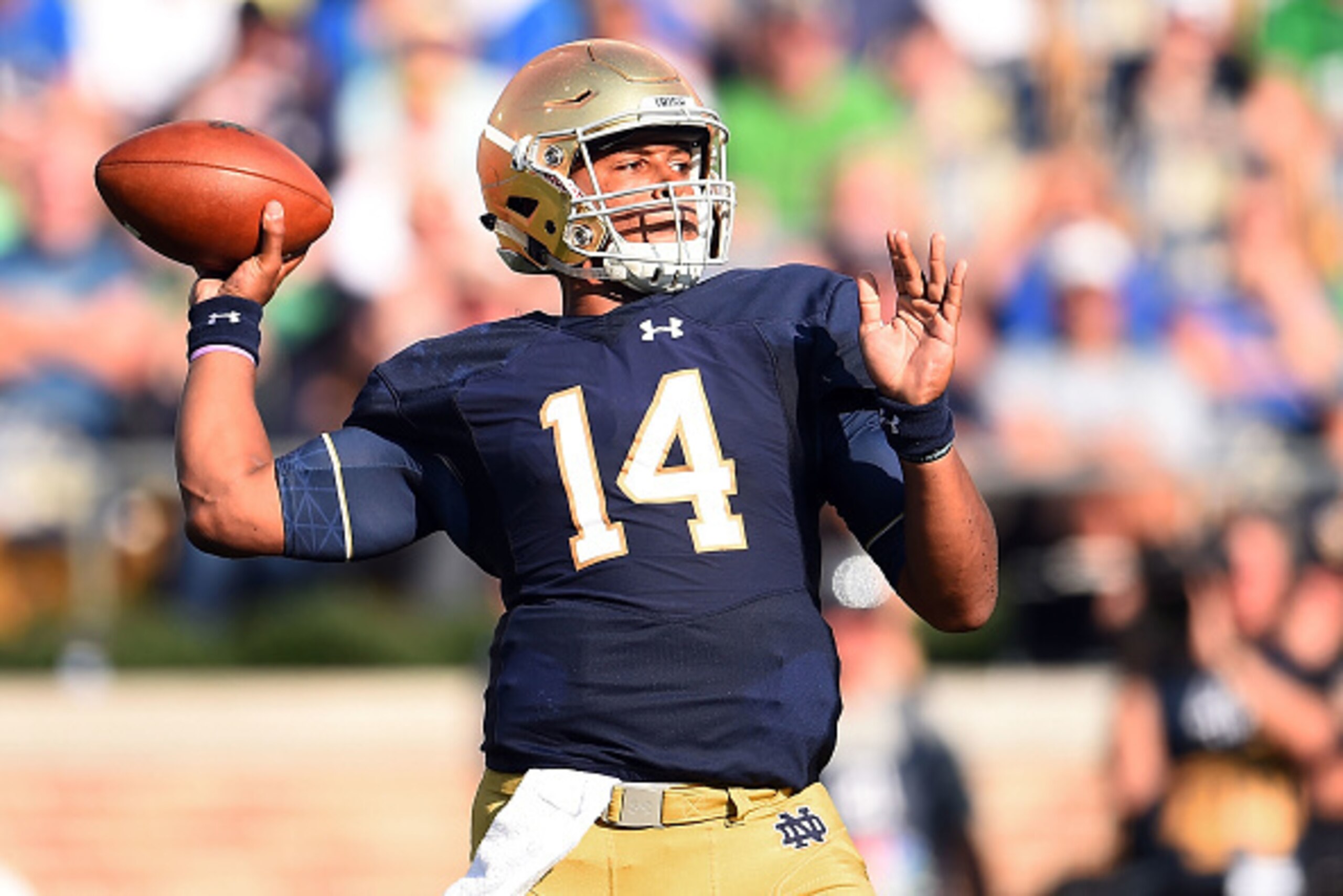 SOUTH BEND, IN - SEPTEMBER 24: DeShone Kizer #14 of the Notre Dame Fighting Irish drops back to pass during the first half of a game against the Duke Blue Devils at Notre Dame Stadium on September 24, 2016 in South Bend, Indiana. (Photo by Stacy Revere/Ge
