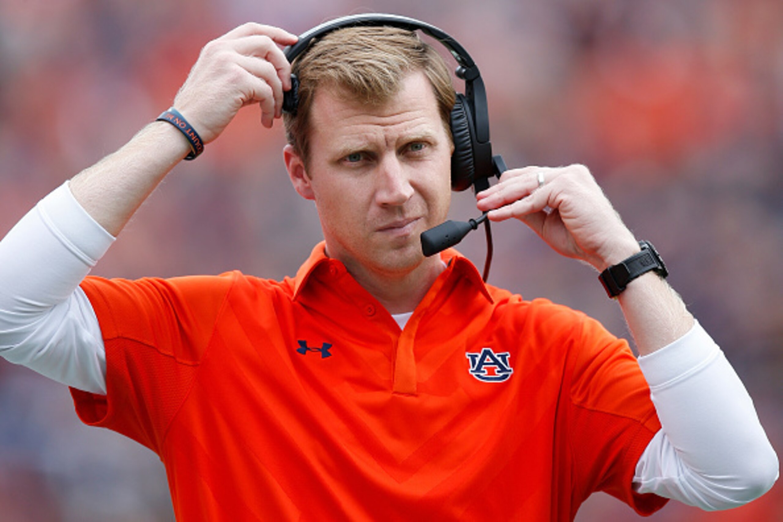 AUBURN, AL - OCTOBER 31: Offensive coordinator Rhett Lashlee of the Auburn Tigers looks on from the sideline during a game against the Ole Miss Rebels at Jordan-Hare Stadium on October 31, 2015 in Auburn, Alabama. Ole Miss defeated Auburn 27-19. (Photo by