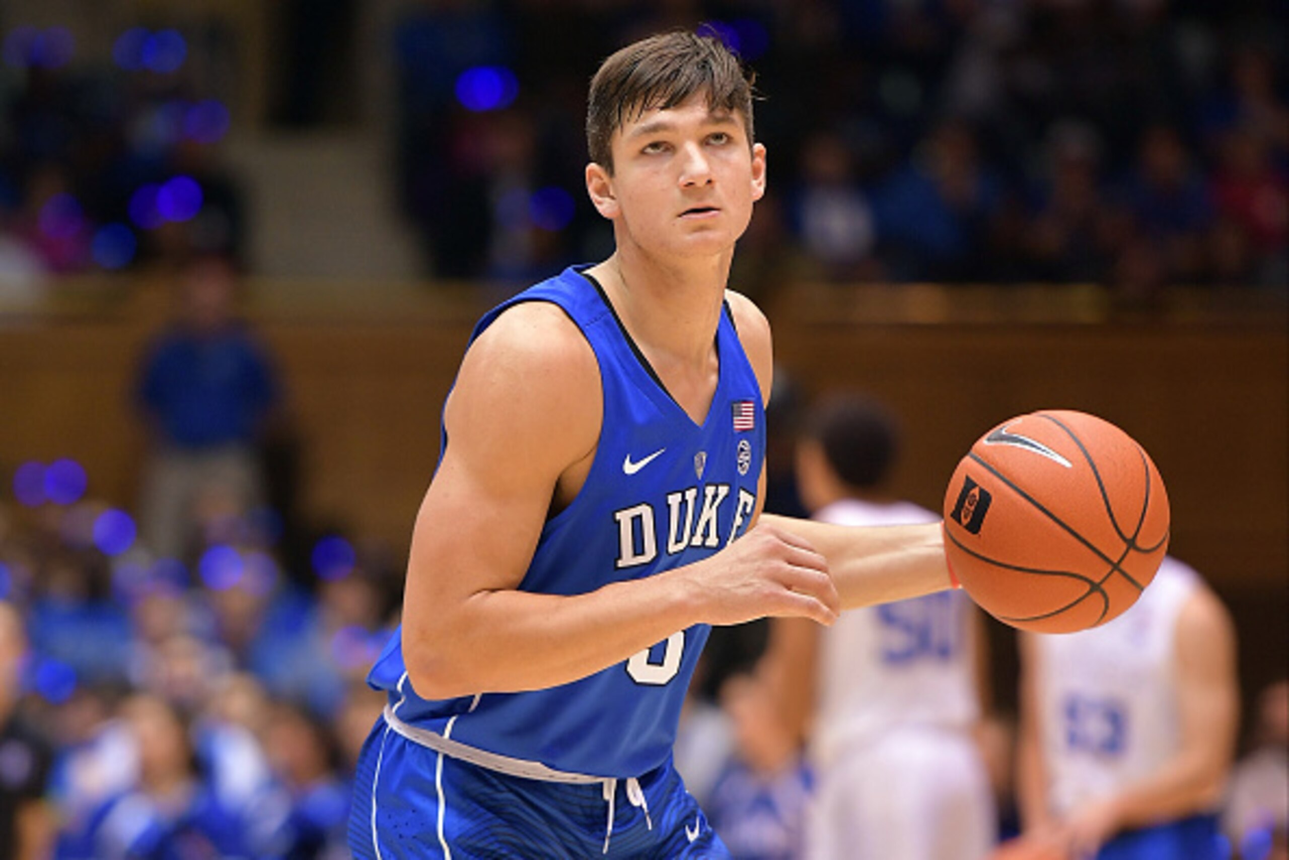 DURHAM, NC - OCTOBER 22: Grayson Allen #3 of the Duke Blue Devils warms up during Countdown To Craziness at Cameron Indoor Stadium on October 22, 2016 in Durham, North Carolina. (Photo by Lance King/Getty Images)