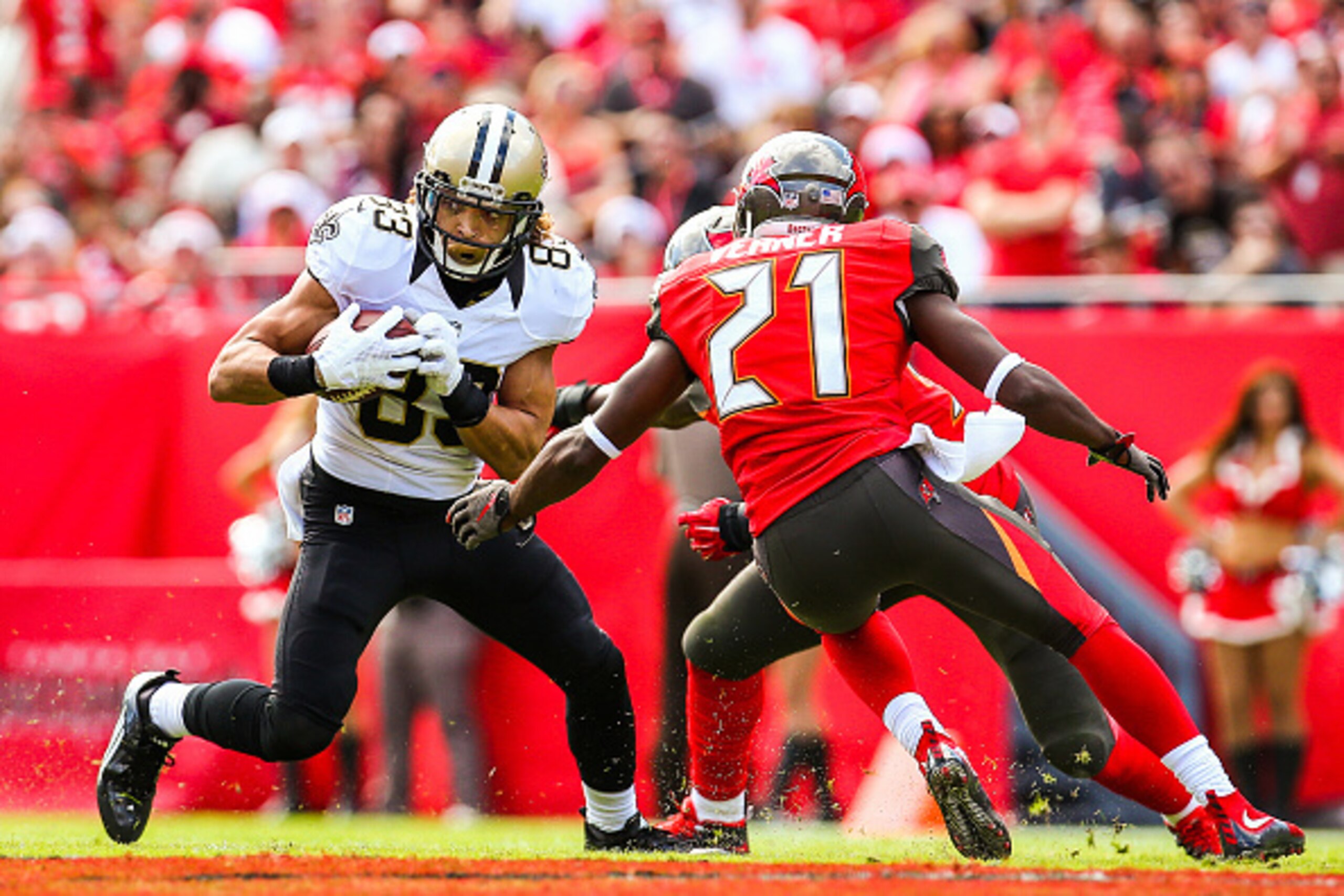 TAMPA, FL - DECEMBER 13: Willie Snead #83 of the New Orleans Saints is defended by Alterraun Verner #21 of the Tampa Bay Buccaneers during the game at Raymond James Stadium on December 13, 2015 in Tampa, Florida. (Photo by Rob Foldy/Getty Images)