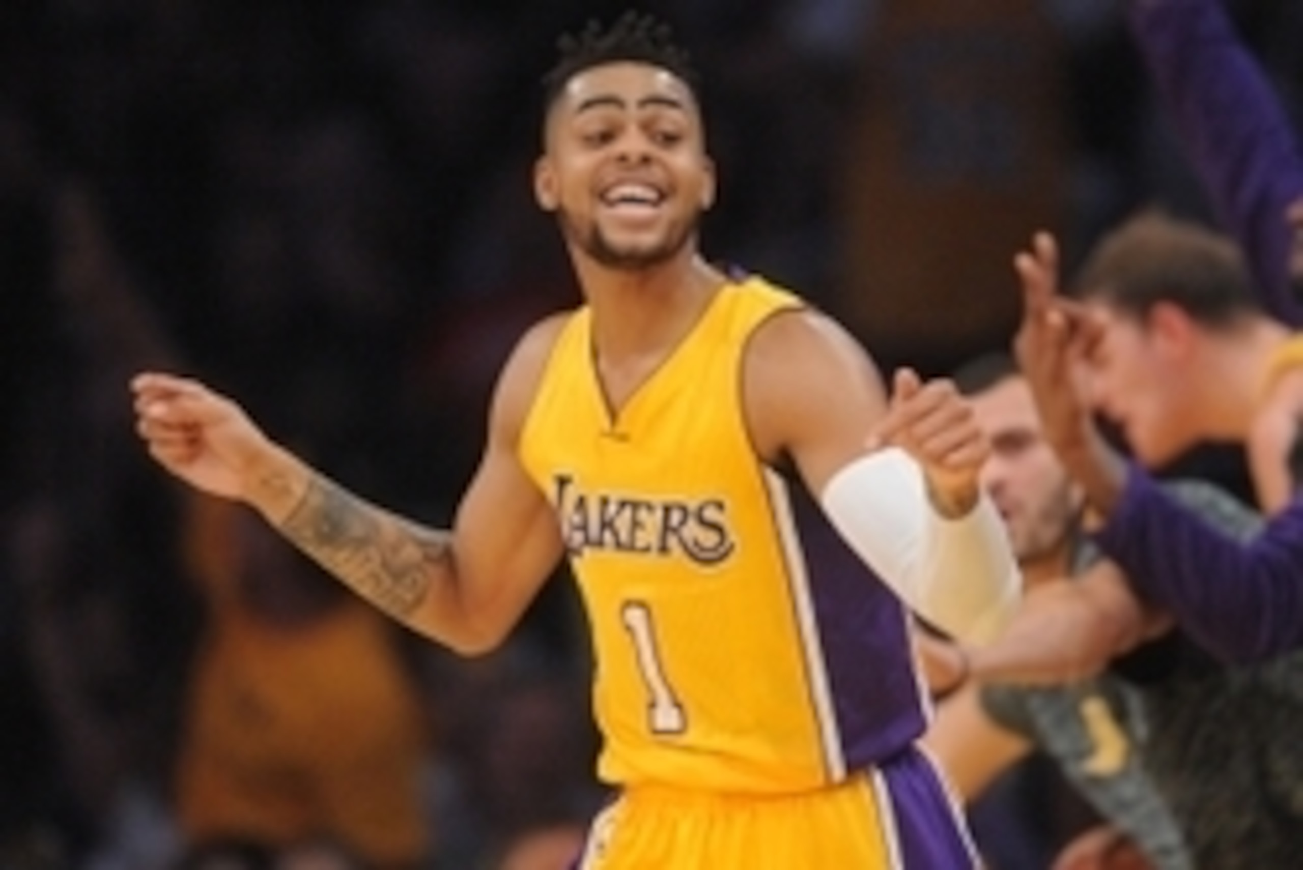 October 26, 2016; Los Angeles, CA, USA;  Los Angeles Lakers guard D'Angelo Russell (1) reacts after the Houston Rockets commit a foul during the first half at Staples Center. Mandatory Credit: Gary A. Vasquez-USA TODAY Sports