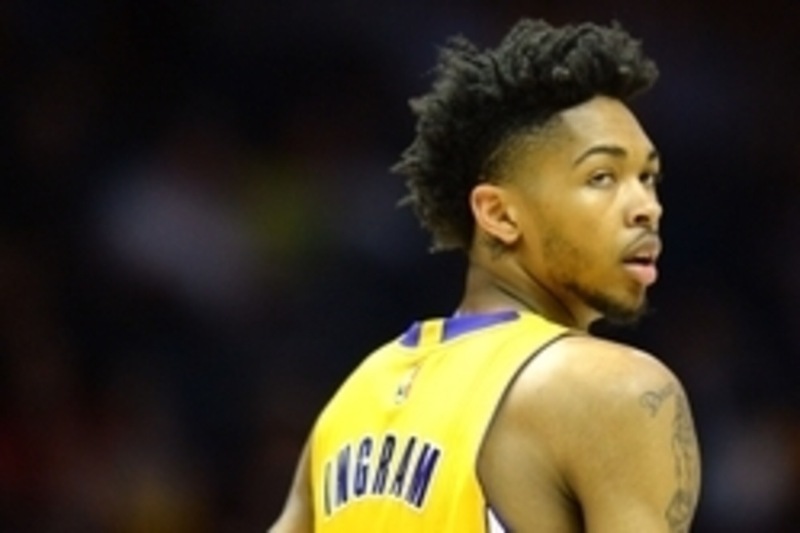 Oct 19, 2016; San Diego, CA, USA; Los Angeles Lakers forward Brandon Ingram (14) looks on during the first quarter against the Golden State Warriors at Valley View Casino Center. Mandatory Credit: Jake Roth-USA TODAY Sports