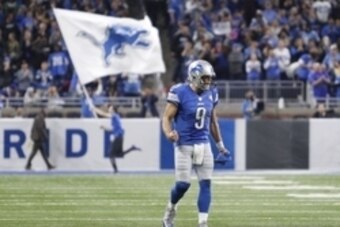 Oct 23, 2016; Detroit, MI, USA; Detroit Lions quarterback Matthew Stafford (9) pumps his fist during the fourth quarter against the Washington Redskins at Ford Field. Lions won 20-17. Mandatory Credit: Raj Mehta-USA TODAY Sports
