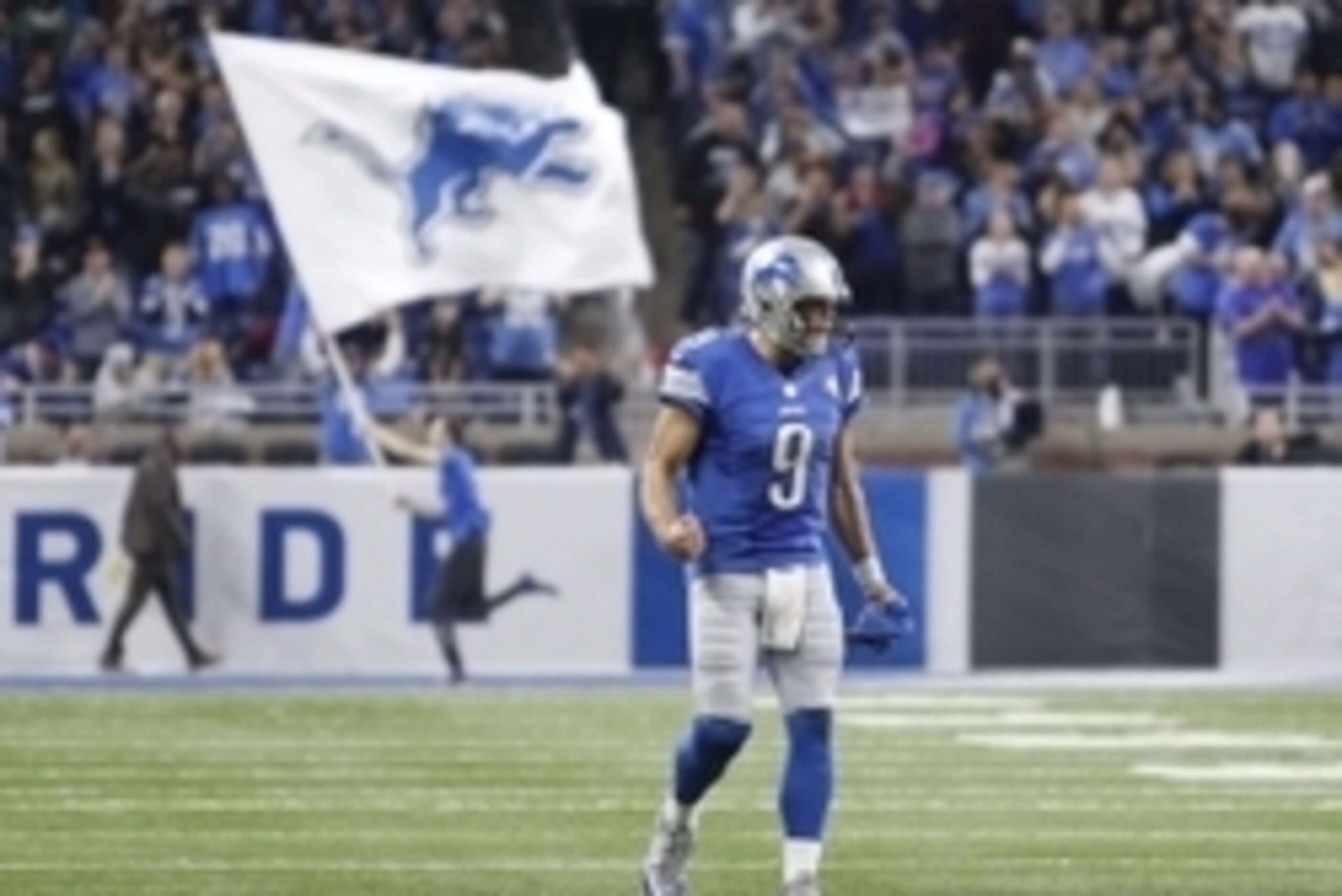 Oct 23, 2016; Detroit, MI, USA; Detroit Lions quarterback Matthew Stafford (9) pumps his fist during the fourth quarter against the Washington Redskins at Ford Field. Lions won 20-17. Mandatory Credit: Raj Mehta-USA TODAY Sports