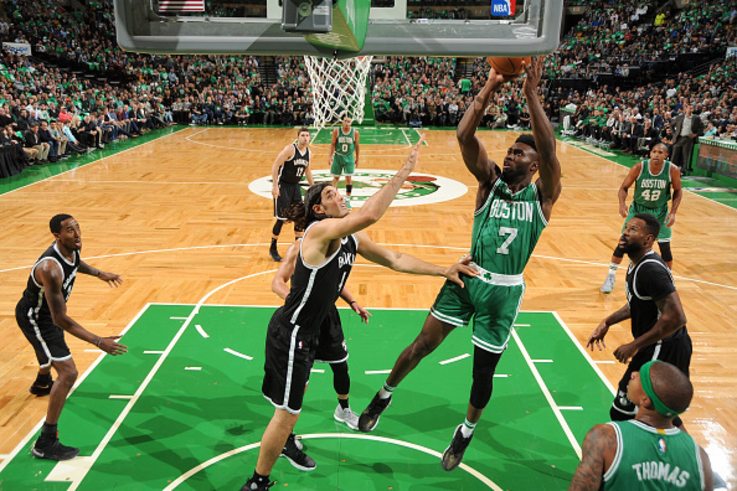 BOSTON, MA - OCTOBER 26:  Jaylen Brown #7 of the Boston Celtics shoots the ball against the Brooklyn Nets on OCTOBER 26, 2016 at the TD Garden in Boston, Massachusetts.  NOTE TO USER: User expressly acknowledges and agrees that, by downloading and or usin