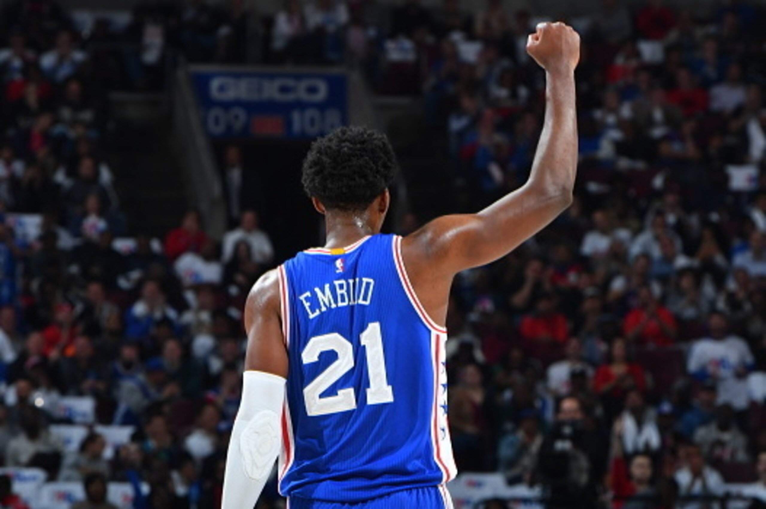 PHILADELPHIA,PA - OCTOBER 26:  Joel Embiid #21 of the Philadelphia 76ers looks on against Oklahoma City Thunder during game at the Wells Fargo Center on October 26, 2016 in Philadelphia, Pennsylvania NOTE TO USER: User expressly acknowledges and agrees th