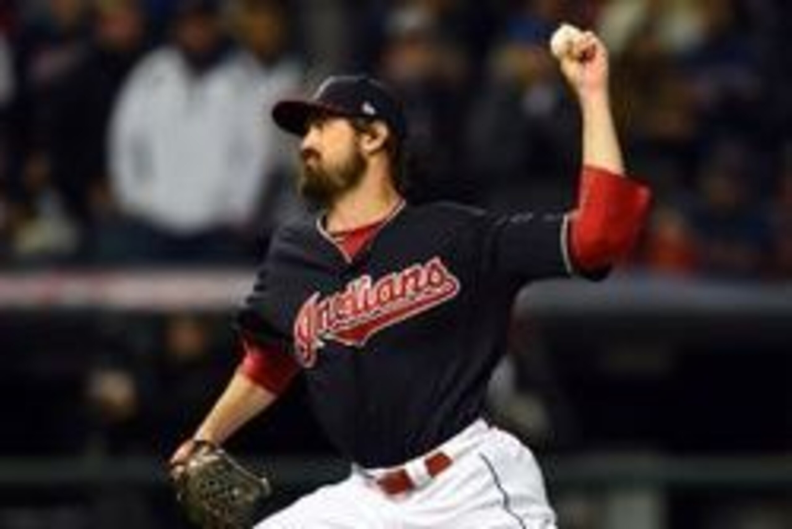 Oct 25, 2016; Cleveland, OH, USA; Cleveland Indians relief pitcher Andrew Miller throws a pitch against the Chicago Cubs in the 7th inning in game one of the 2016 World Series at Progressive Field. Mandatory Credit: Tommy Gilligan-USA TODAY Sports
