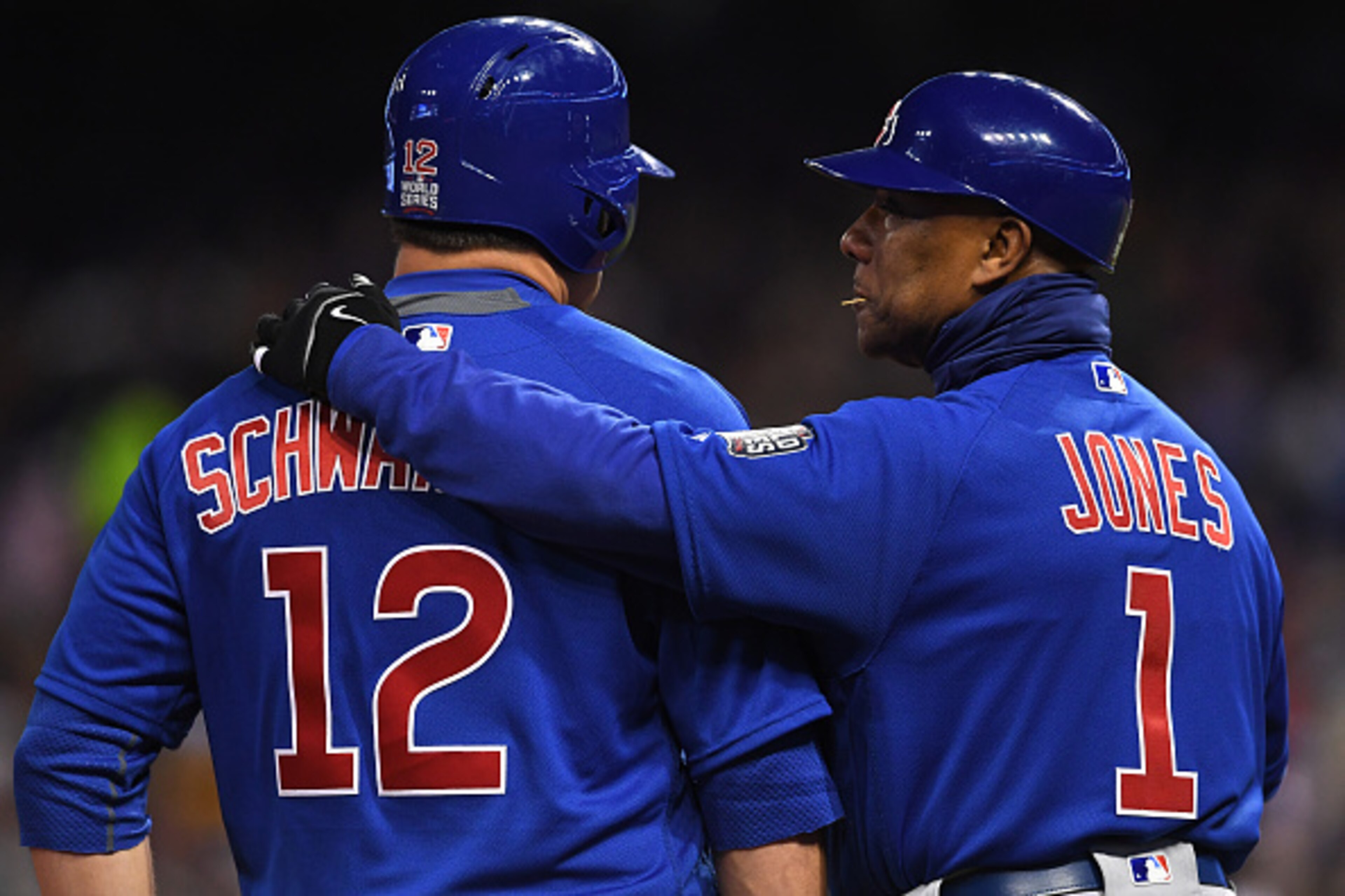 CLEVELAND, OH - OCTOBER 26: Kyle Schwarber #12 of the Chicago Cubs talks with third base coach Gary Jones #1 against the Cleveland Indians in Game Two of the 2016 World Series at Progressive Field on October 26, 2016 in Cleveland, Ohio. (Photo by Jason CLEVELAND, OH - OCTOBER 26: Kyle Schwarber #12 of the Chicago Cubs talks with third base coach Gary Jones #1 against the Cleveland Indians in Game Two of the 2016 World Series at Progressive Field on October 26, 2016 in Cleveland, Ohio. (Photo by Jason