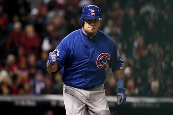 CLEVELAND, OH - OCTOBER 26:  Kyle Schwarber #12 of the Chicago Cubs reacts after hitting an RBI single to score Ben Zobrist #18 (not pictured) during the fifth inning against the Cleveland Indians in Game Two of the 2016 World Series at Progressive Field 