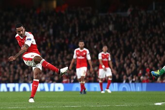LONDON, ENGLAND - OCTOBER 19:  Theo Walcott of Arsenal scores his team's second goal of the game during the UEFA Champions League group A match between Arsenal FC and PFC Ludogorets Razgrad at the Emirates Stadium on October 19, 2016 in London, England.  