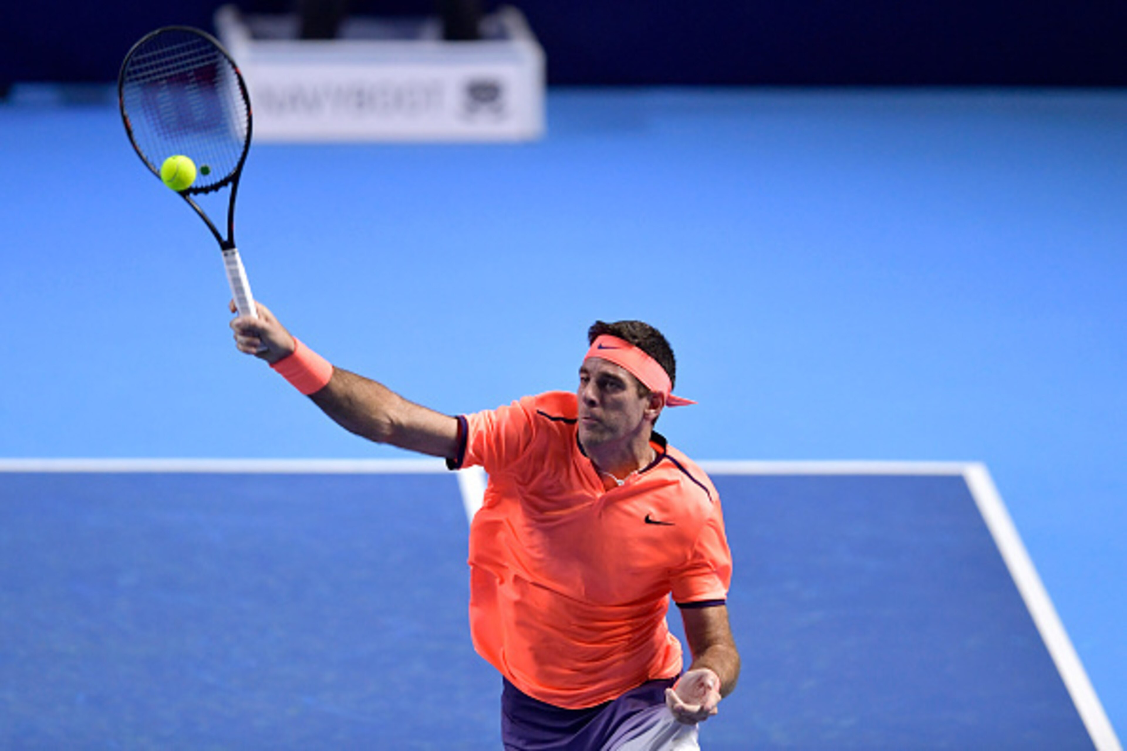 BASEL, SWITZERLAND - OCTOBER 26:  Juan Martin Del Potro of Argentina in action during the Swiss Indoors ATP 500 tennis tournament match against Robin Haase of the Netherlands at St Jakobshalle on October 26, 2016 in Basel, Switzerland.  (Photo by Harold C