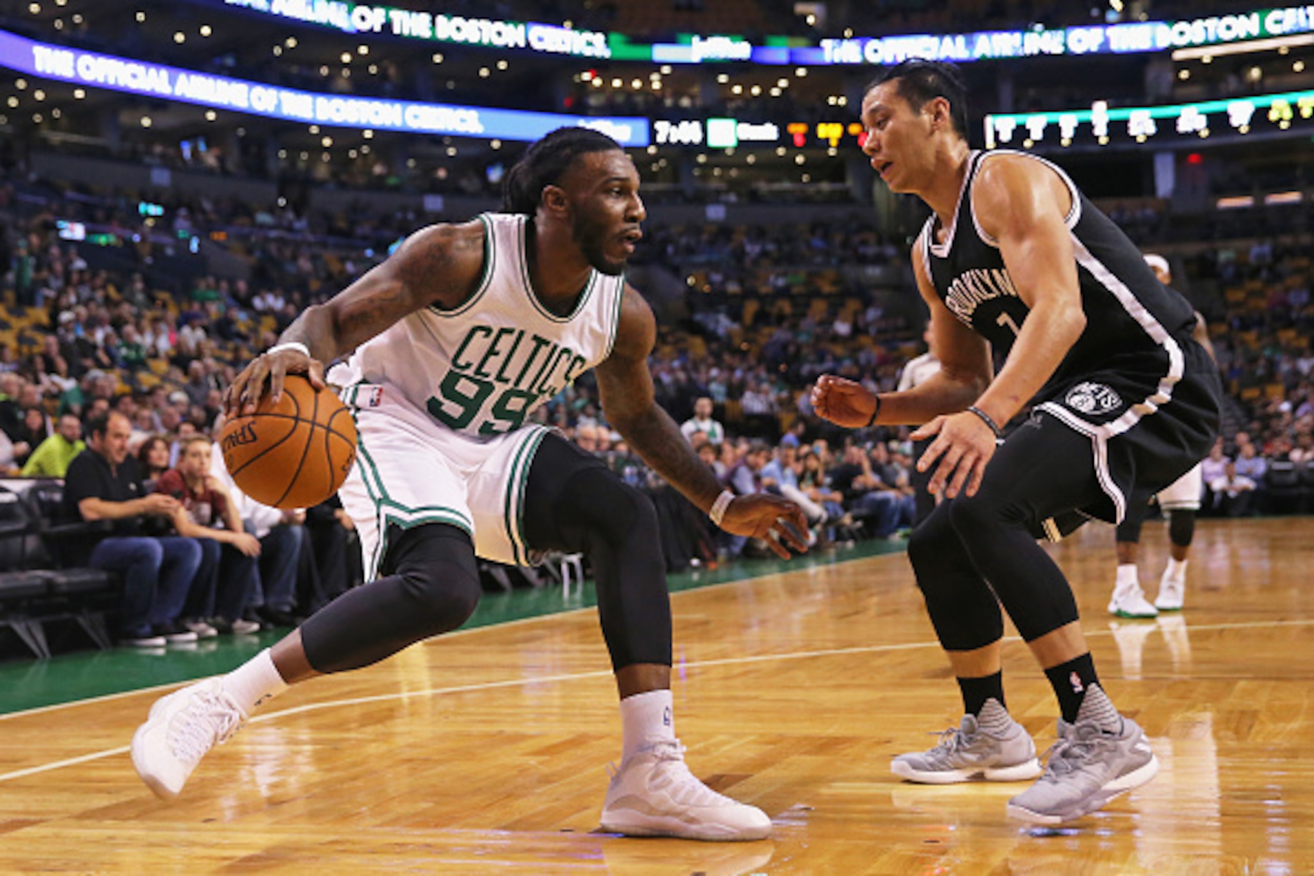 BOSTON, MA - OCTOBER 17:  Jeremy Lin #7 of the Brooklyn Nets defends Jae Crowder #99 of the Boston Celtics during the first quarter of the preseason game at TD Garden on October 17, 2016 in Boston, Massachusetts. NOTE TO USER: User expressly acknowledges 