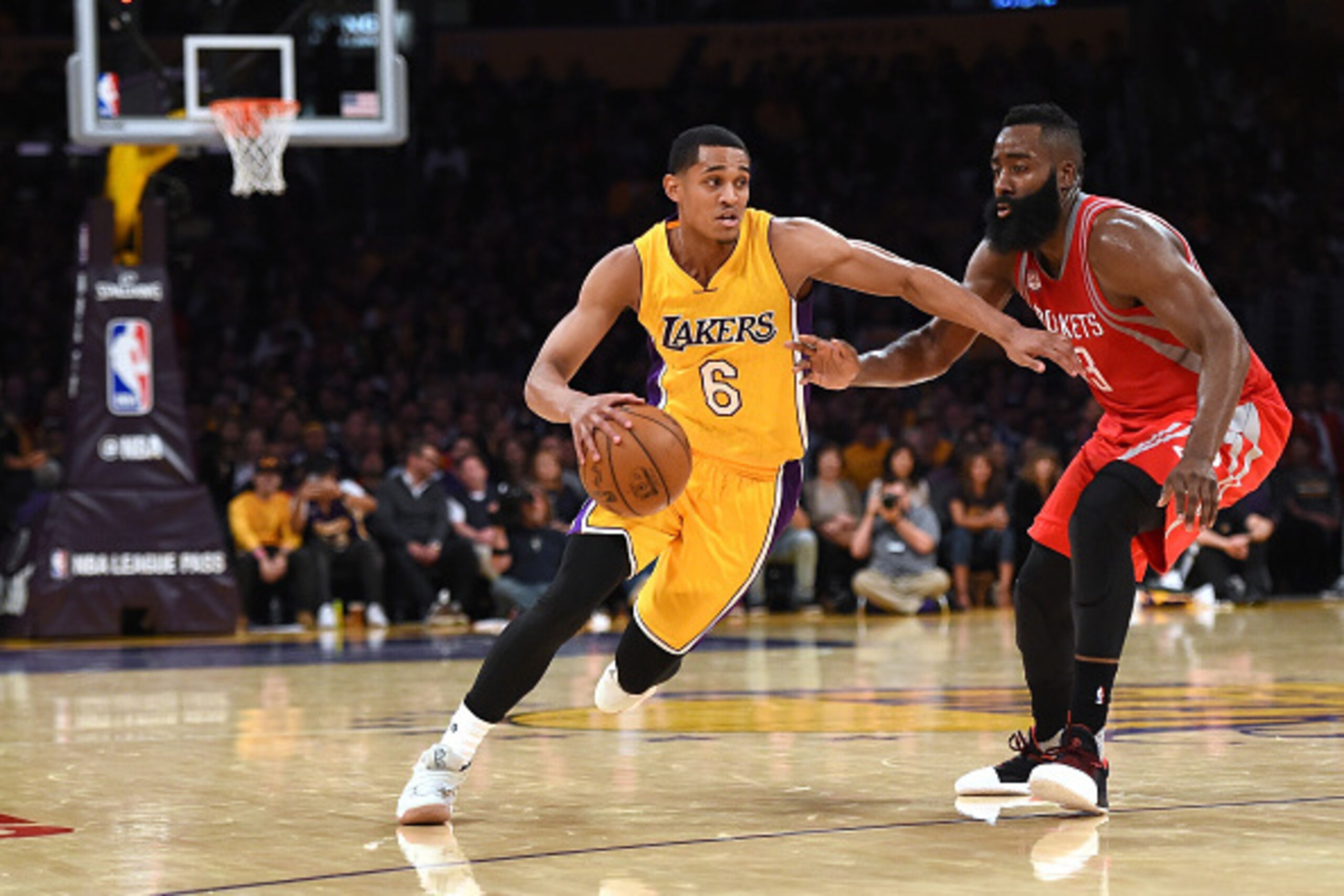 LOS ANGELES, CA - OCTOBER 26:  Jordan Clarkson #6 of the Los Angeles Lakers drives on James Harden #13 of the Houston Rockets during a 120-114 season opening Laker win at Staples Center on October 26, 2016 in Los Angeles, California.  NOTE TO USER: User e