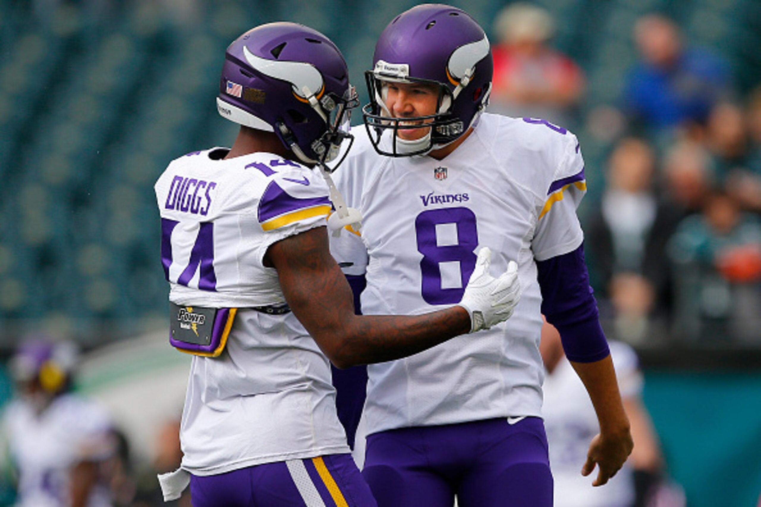 PHILADELPHIA, PA - OCTOBER 23: Stefon Diggs #14 and Sam Bradford #8 of the Minnesota Vikings during warmups before taking on the Philadelphia Eagles at Lincoln Financial Field on October 23, 2016 in Philadelphia, Pennsylvania. (Photo by Rich Schultz/Getty