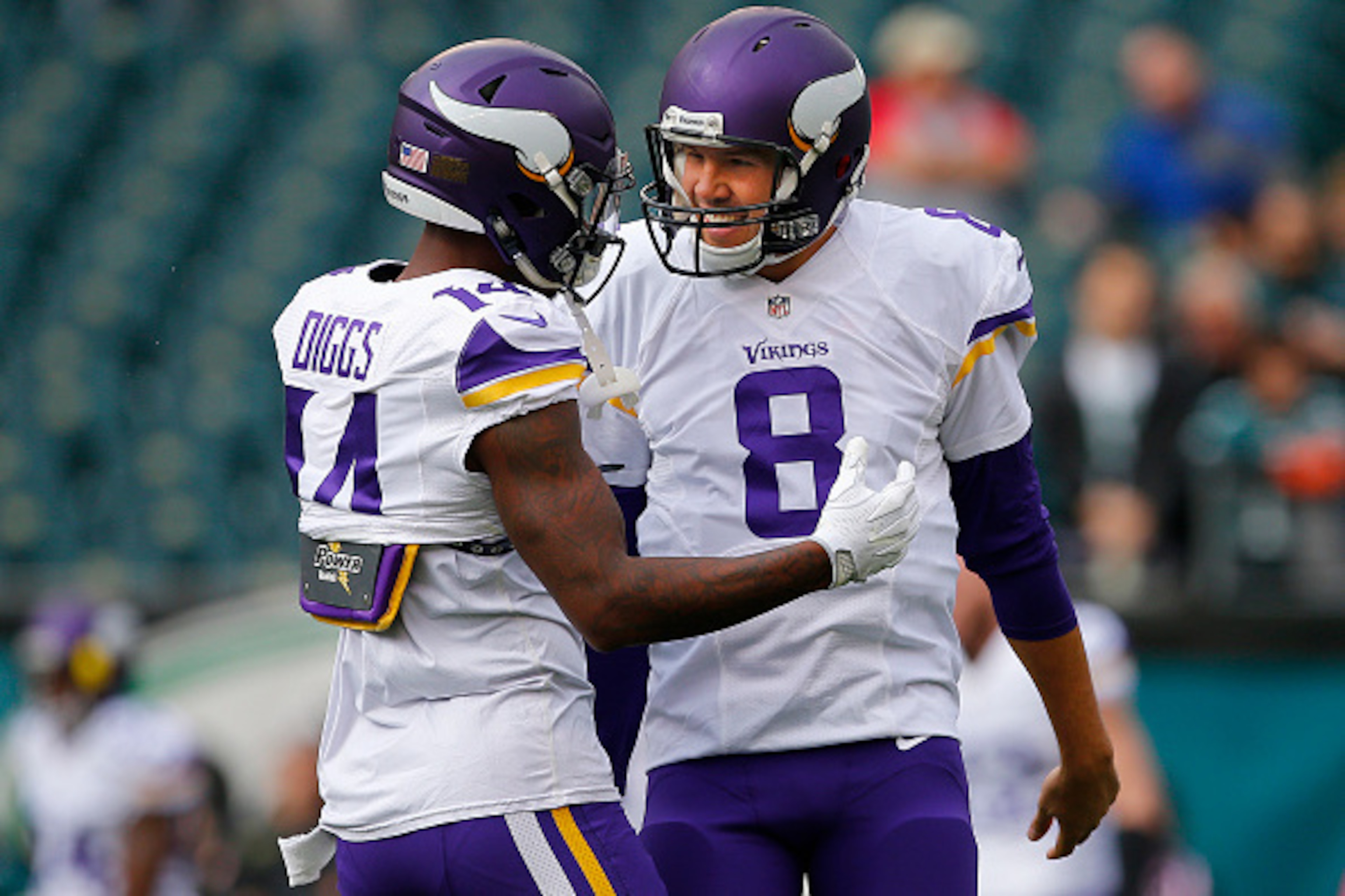 PHILADELPHIA, PA - OCTOBER 23: Stefon Diggs #14 and Sam Bradford #8 of the Minnesota Vikings during warmups before taking on the Philadelphia Eagles at Lincoln Financial Field on October 23, 2016 in Philadelphia, Pennsylvania. (Photo by Rich Schultz/Getty