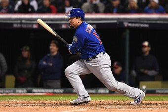 CLEVELAND, OH - OCTOBER 26:  Kyle Schwarber #12 of the Chicago Cubs reacts after hitting an RBI single to score Anthony Rizzo #44 (not pictured) during the third inning against the Cleveland Indians in Game Two of the 2016 World Series at Progressive Fiel