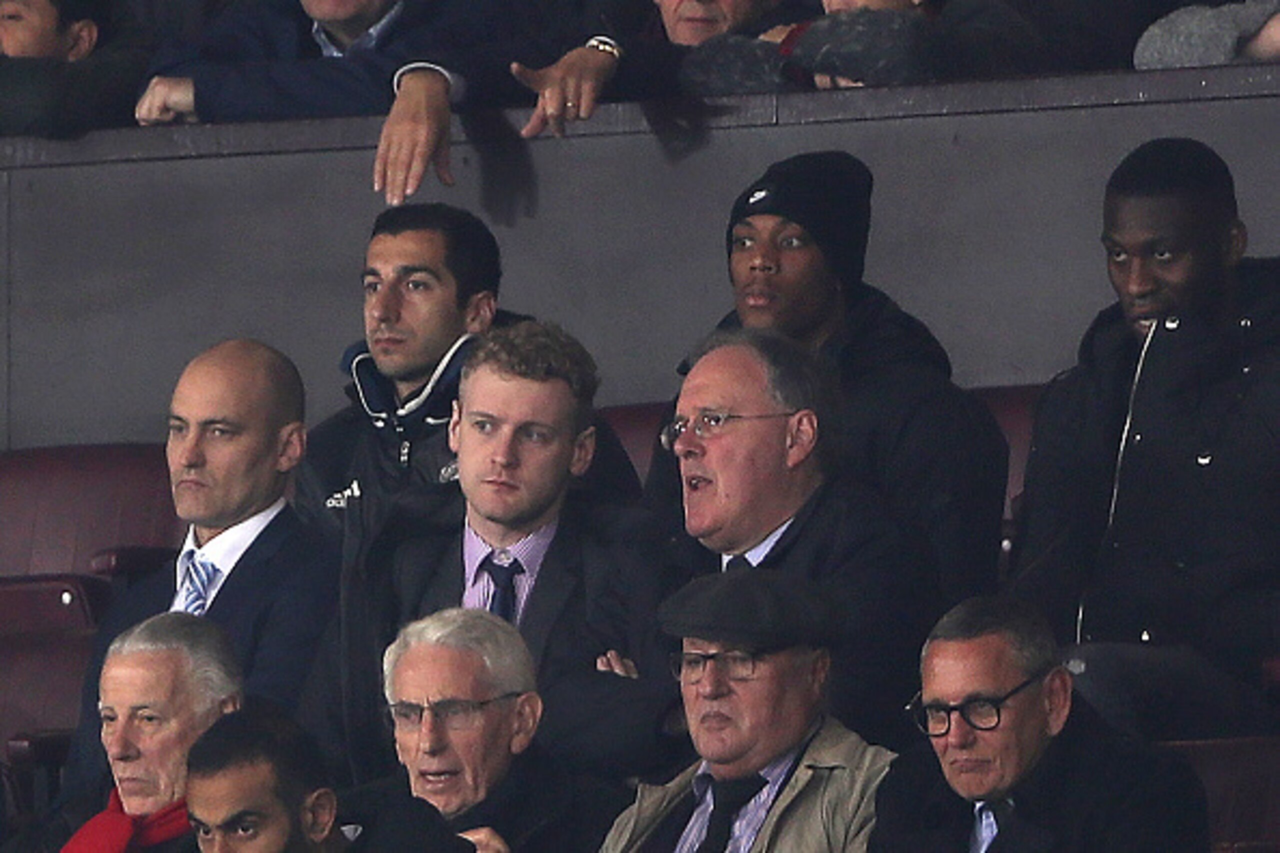 MANCHESTER, ENGLAND - OCTOBER 26: Henrikh Mkhitaryan (L) of Manchester United watches from the stands with Anthony Martial during the EFL Cup Fourth Round match between Manchester United and Manchester City at Old Trafford on October 26, 2016 in Manchest MANCHESTER, ENGLAND - OCTOBER 26: Henrikh Mkhitaryan (L) of Manchester United watches from the stands with Anthony Martial during the EFL Cup Fourth Round match between Manchester United and Manchester City at Old Trafford on October 26, 2016 in Manchest