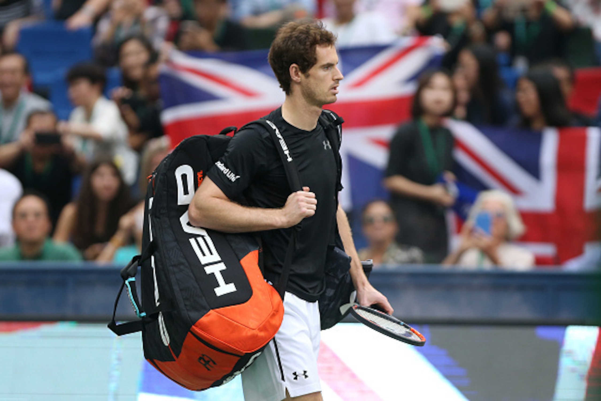 SHANGHAI, CHINA - OCTOBER 16: Andy Murray of Great Britain enters the court against Roberto Bautista Agut of Spain during the Men's singles final match on day 8 of Shanghai Rolex Masters at Qi Zhong Tennis Centre on October 16, 2016 in Shanghai, China. (P SHANGHAI, CHINA - OCTOBER 16: Andy Murray of Great Britain enters the court against Roberto Bautista Agut of Spain during the Men's singles final match on day 8 of Shanghai Rolex Masters at Qi Zhong Tennis Centre on October 16, 2016 in Shanghai, China. (P