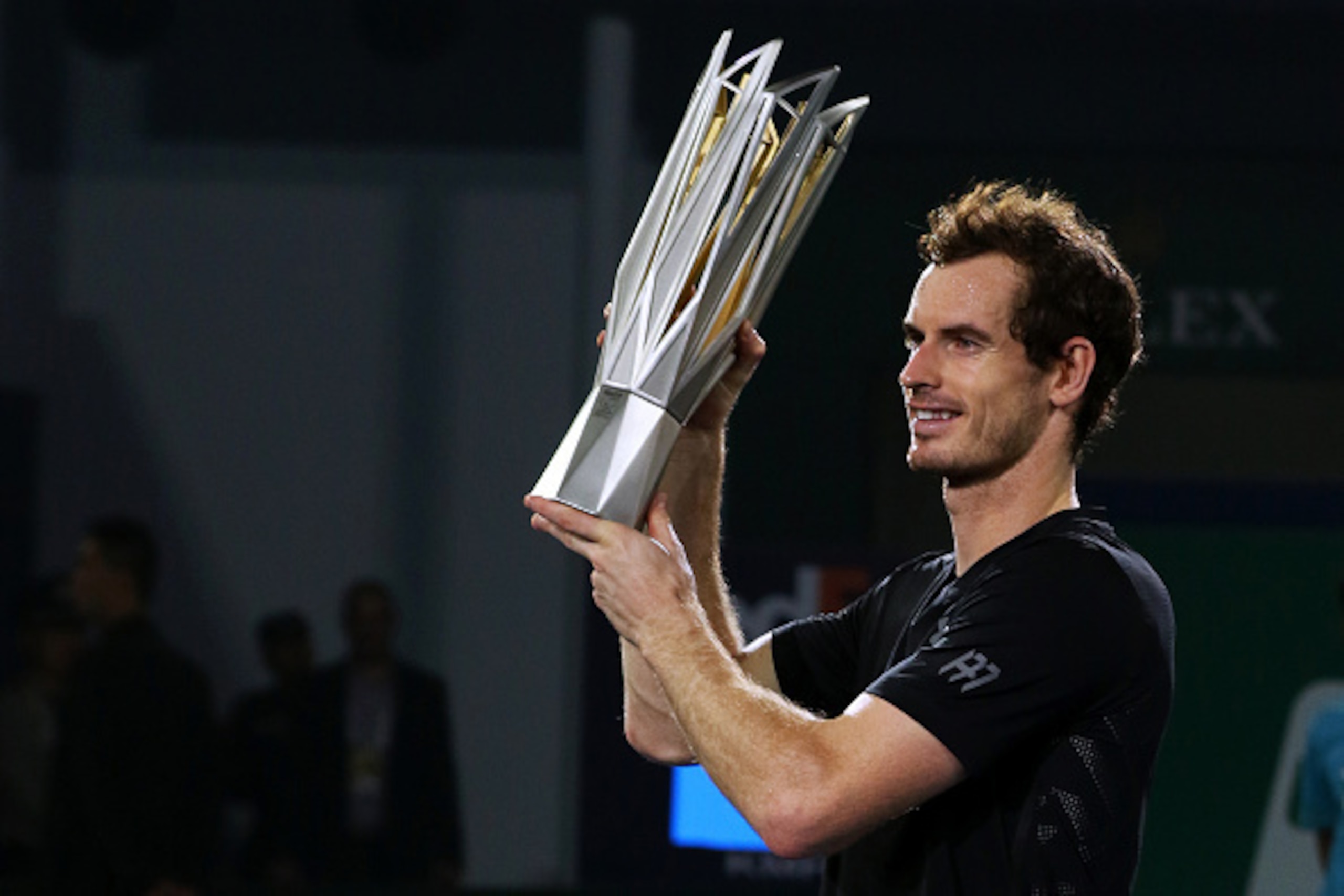 SHANGHAI, CHINA - OCTOBER 16: Andy Murray of Great Britain celebrates with his trophy during the award ceremony after winning the Men's singles final match against Roberto Bautista Agut of Spain on day 8 of Shanghai Rolex Masters at Qi Zhong Tennis Centre SHANGHAI, CHINA - OCTOBER 16: Andy Murray of Great Britain celebrates with his trophy during the award ceremony after winning the Men's singles final match against Roberto Bautista Agut of Spain on day 8 of Shanghai Rolex Masters at Qi Zhong Tennis Centre