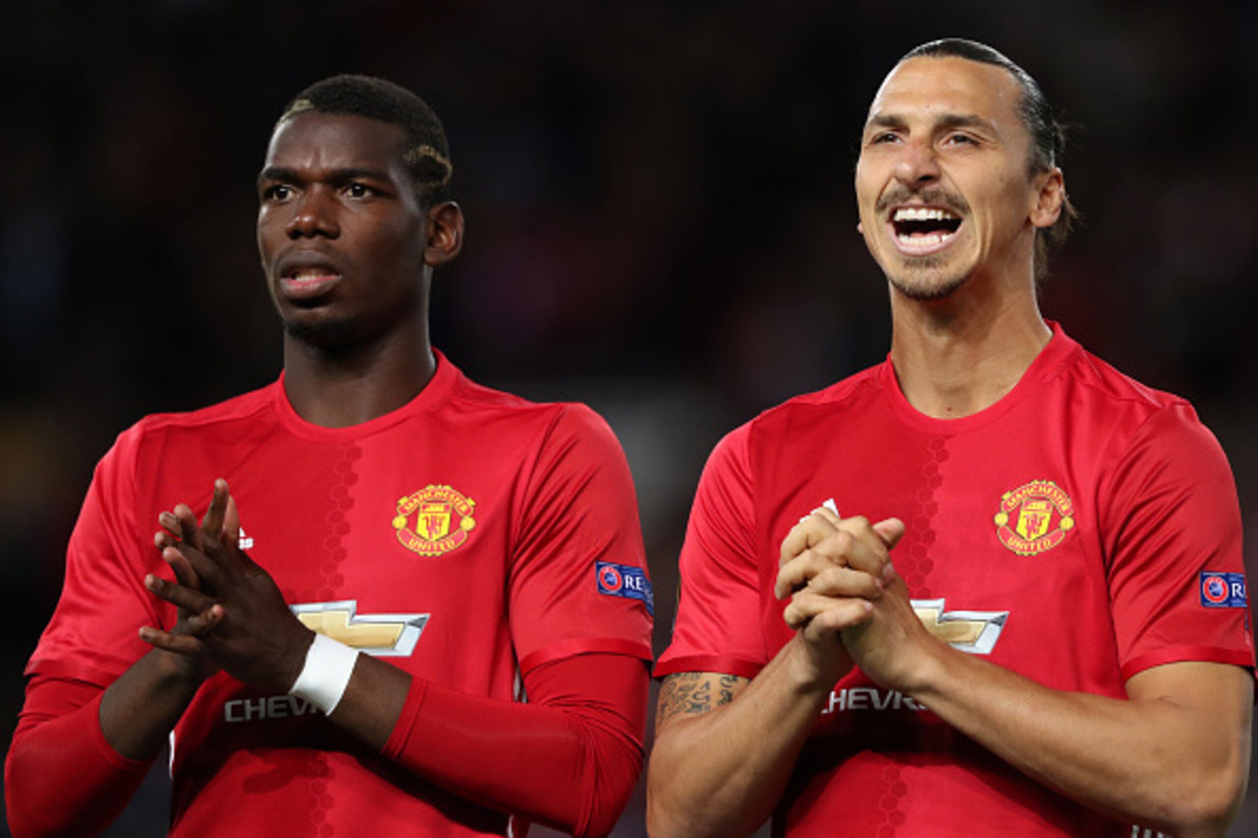 MANCHESTER, ENGLAND - SEPTEMBER 29: Paul Pogba and Zlatan Ibrahimovic of Manchester United before the UEFA Europa League match between Manchester United FC and FC Zorya Luhansk at Old Trafford on September 29, 2016 in Manchester, England. (Photo by Matthe