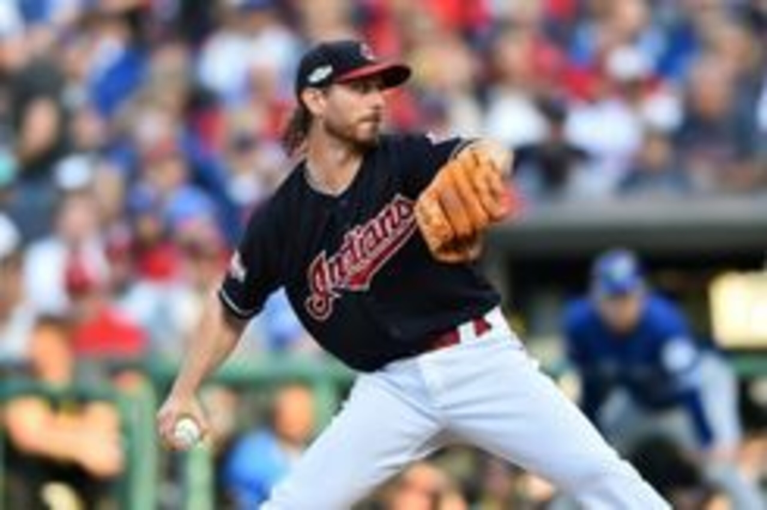 Oct 15, 2016; Cleveland, OH, USA; Cleveland Indians starting pitcher Josh Tomlin (43) throws against the Toronto Blue Jays during the third inning of game two of the 2016 ALCS playoff baseball series at Progressive Field. Mandatory Credit: Ken Blaze-USA T