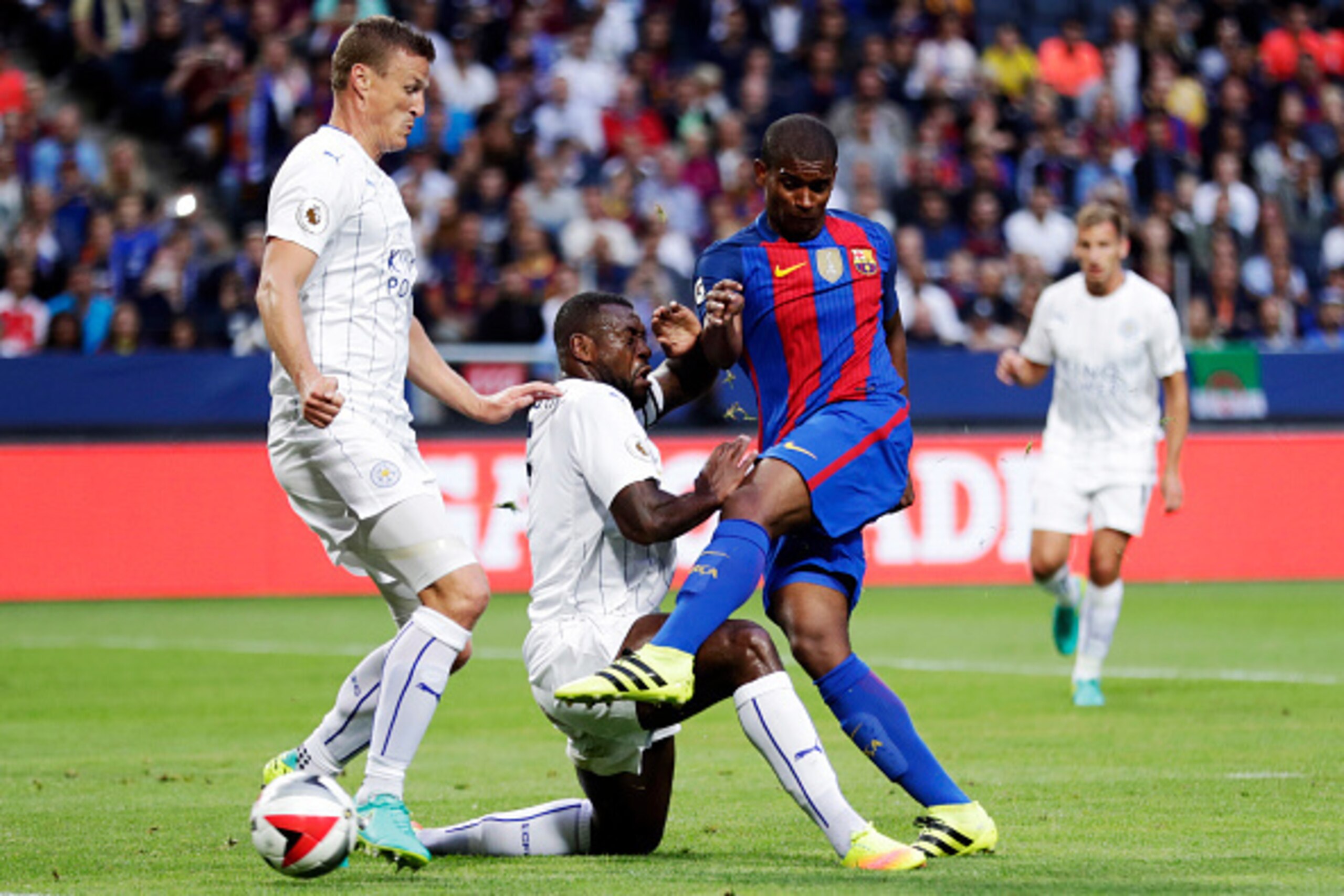 SOLNA, SWEDEN - AUGUST 03: Marlon Santos of FC Barcelona shoots during the International Champions Cup match between Leicester City FC and FC Barcelona at Friends arena on August 3, 2016 in Solna, Sweden. (Photo by Nils Petter Nilsson/Ombrello/Getty Image
