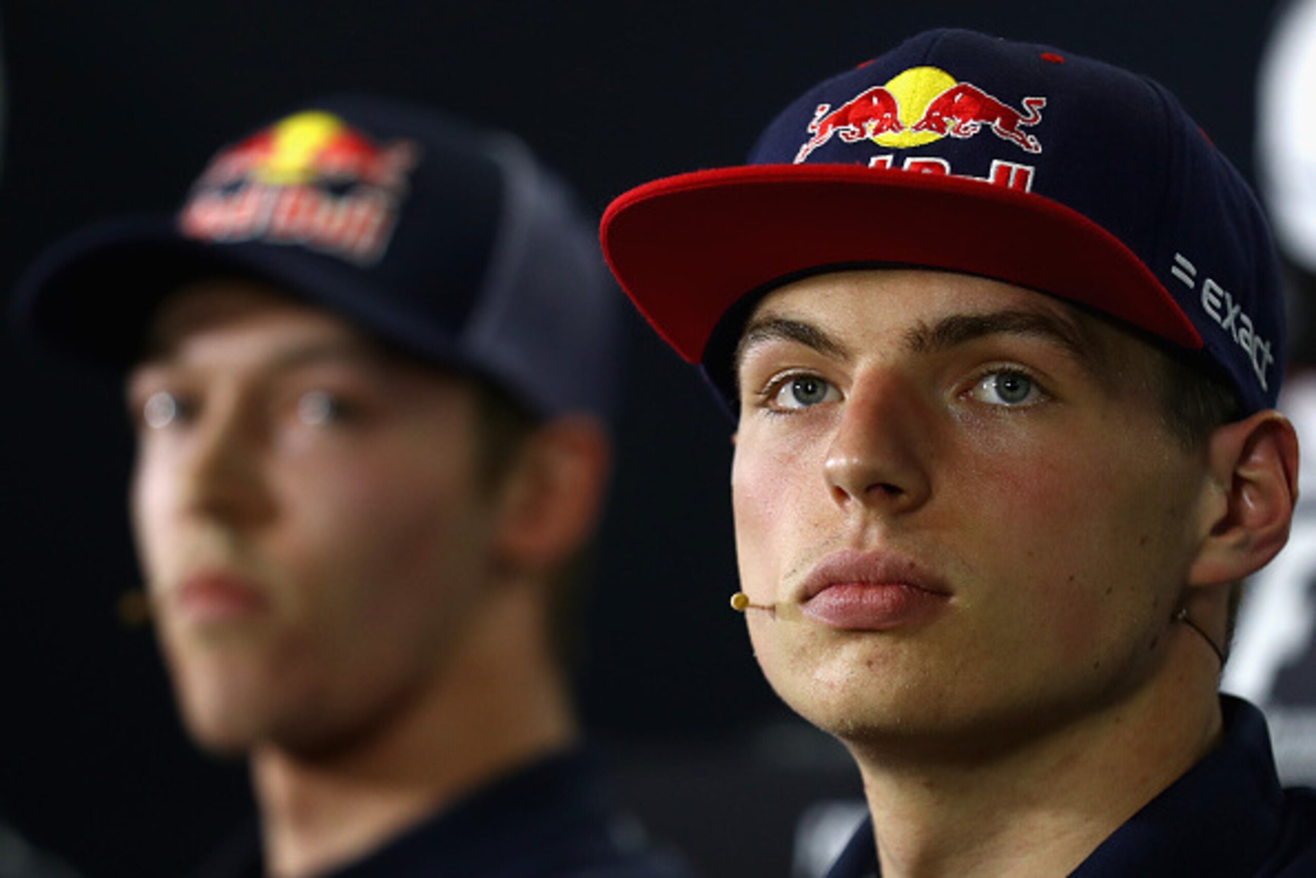 MONTMELO, SPAIN - MAY 12: Max Verstappen of Netherlands and Red Bull Racing in the Drivers Press Conference with Daniil Kvyat of Russia and Scuderia Toro Rosso during previews to the Spanish Formula One Grand Prix at Circuit de Catalunya on May 12, 2016 i