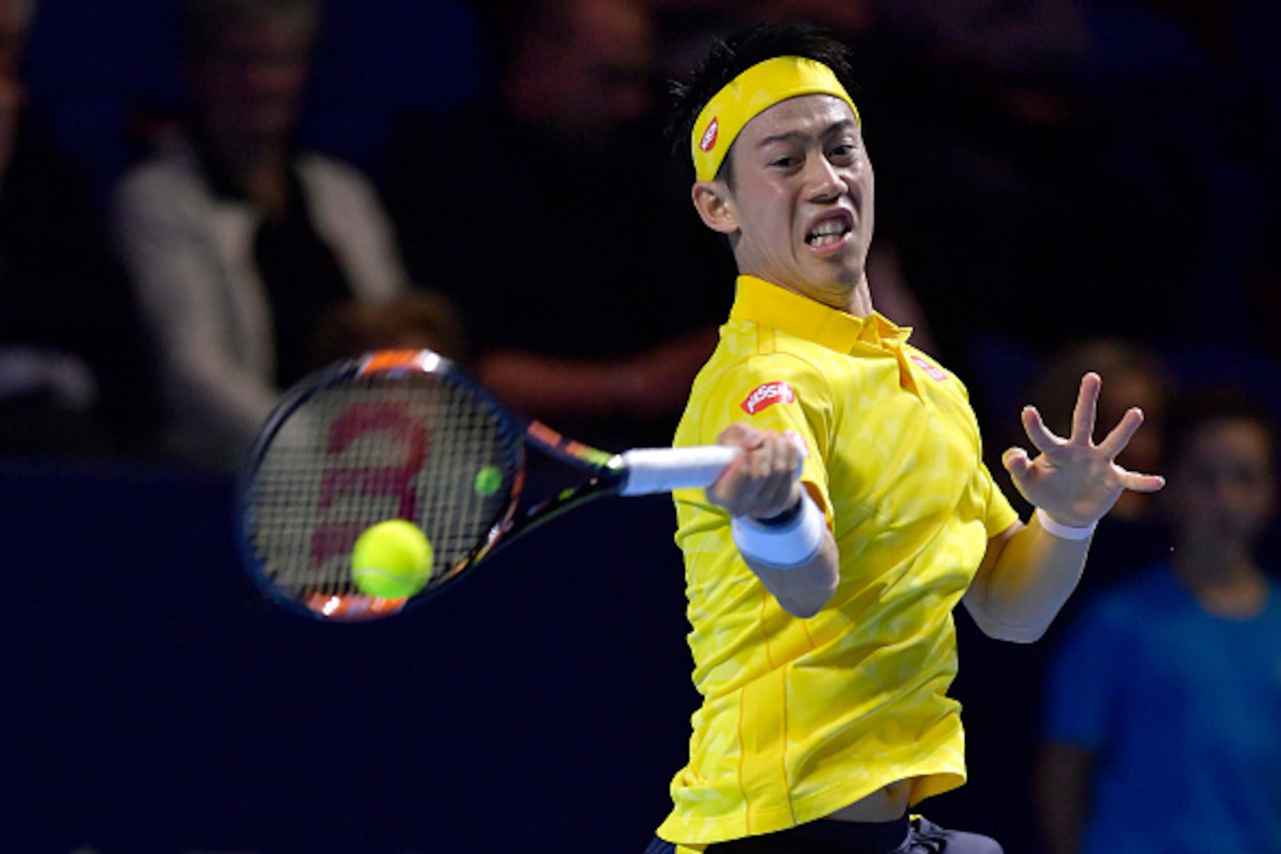 BASEL, SWITZERLAND - OCTOBER 26:  Kei Nishikori of Japan in action during the Swiss Indoors ATP 500 tennis tournament match against Paolo Lorenzi of Italy at St Jakobshalle on October 26, 2016 in Basel, Switzerland.  (Photo by Harold Cunningham/Getty Imag