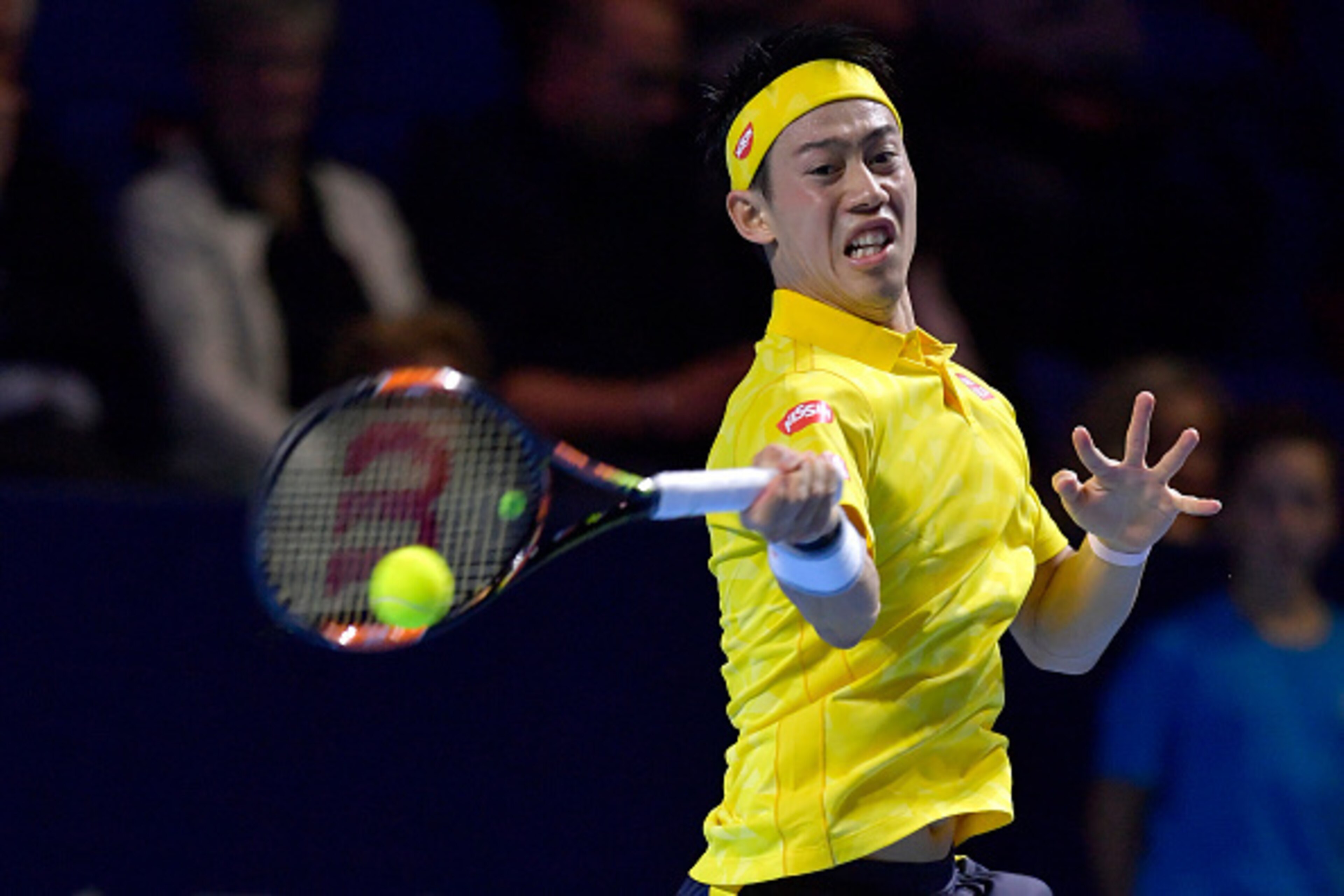 BASEL, SWITZERLAND - OCTOBER 26:  Kei Nishikori of Japan in action during the Swiss Indoors ATP 500 tennis tournament match against Paolo Lorenzi of Italy at St Jakobshalle on October 26, 2016 in Basel, Switzerland.  (Photo by Harold Cunningham/Getty Imag