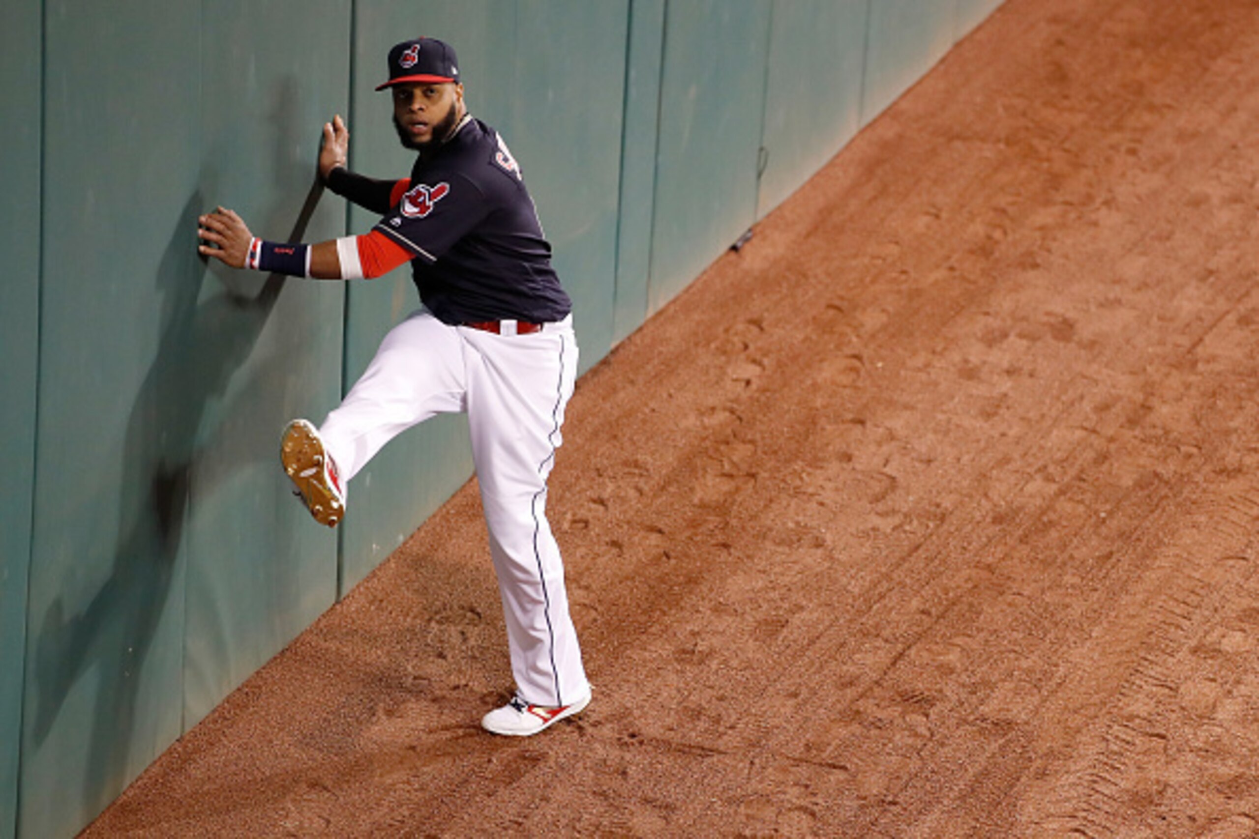 CLEVELAND, OH - OCTOBER 25:  Carlos Santana #41 of the Cleveland Indians warms up prior to Game One of the 2016 World Series against the Chicago Cubs at Progressive Field on October 25, 2016 in Cleveland, Ohio.  (Photo by Gregory Shamus/Getty Images)